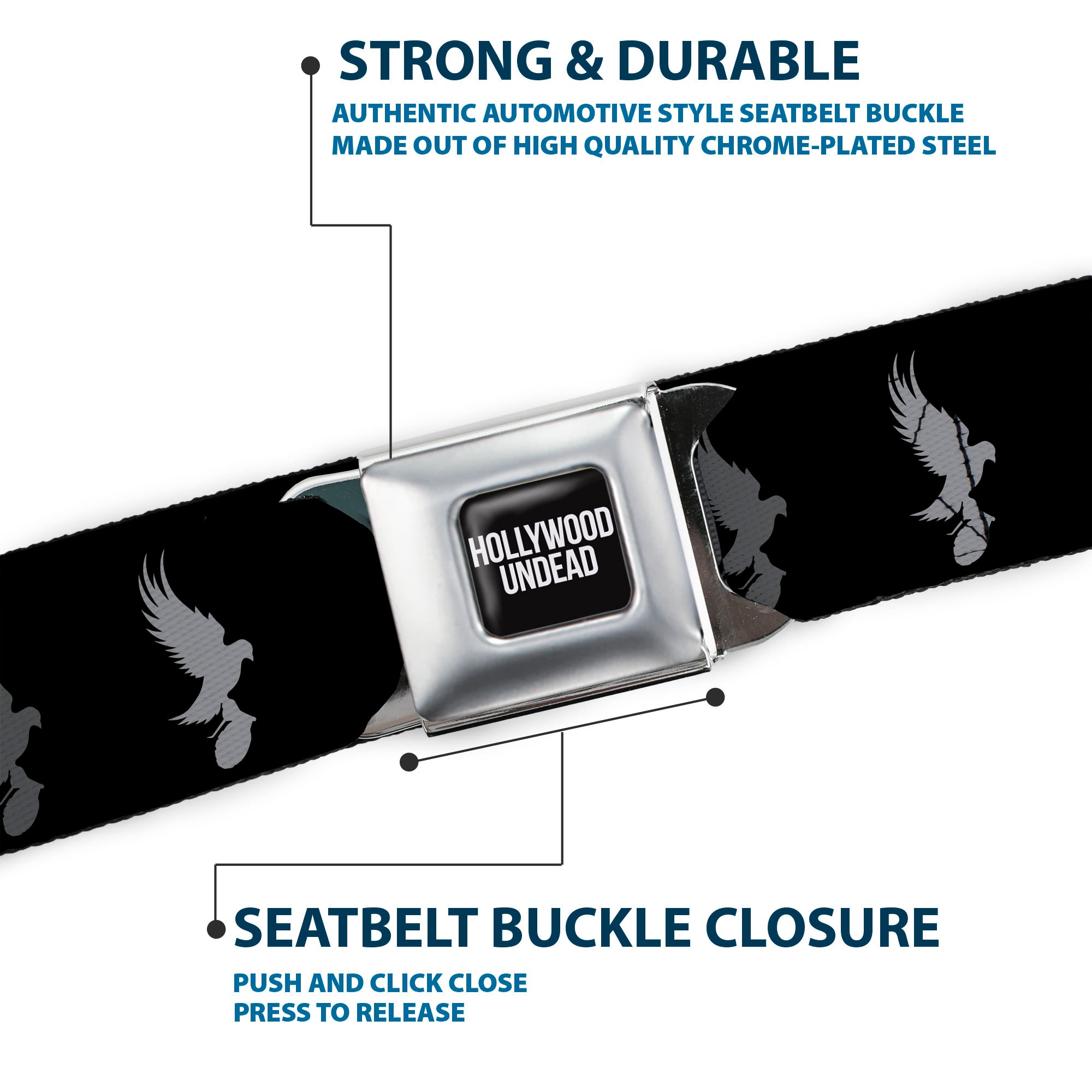 HOLLYWOOD UNDEAD Text Logo Full Color Black/White Seatbelt Belt - Hollywood Undead Dove & Grenade Icon Black/Grays Webbing Seatbelt Belts Hollywood Undead
