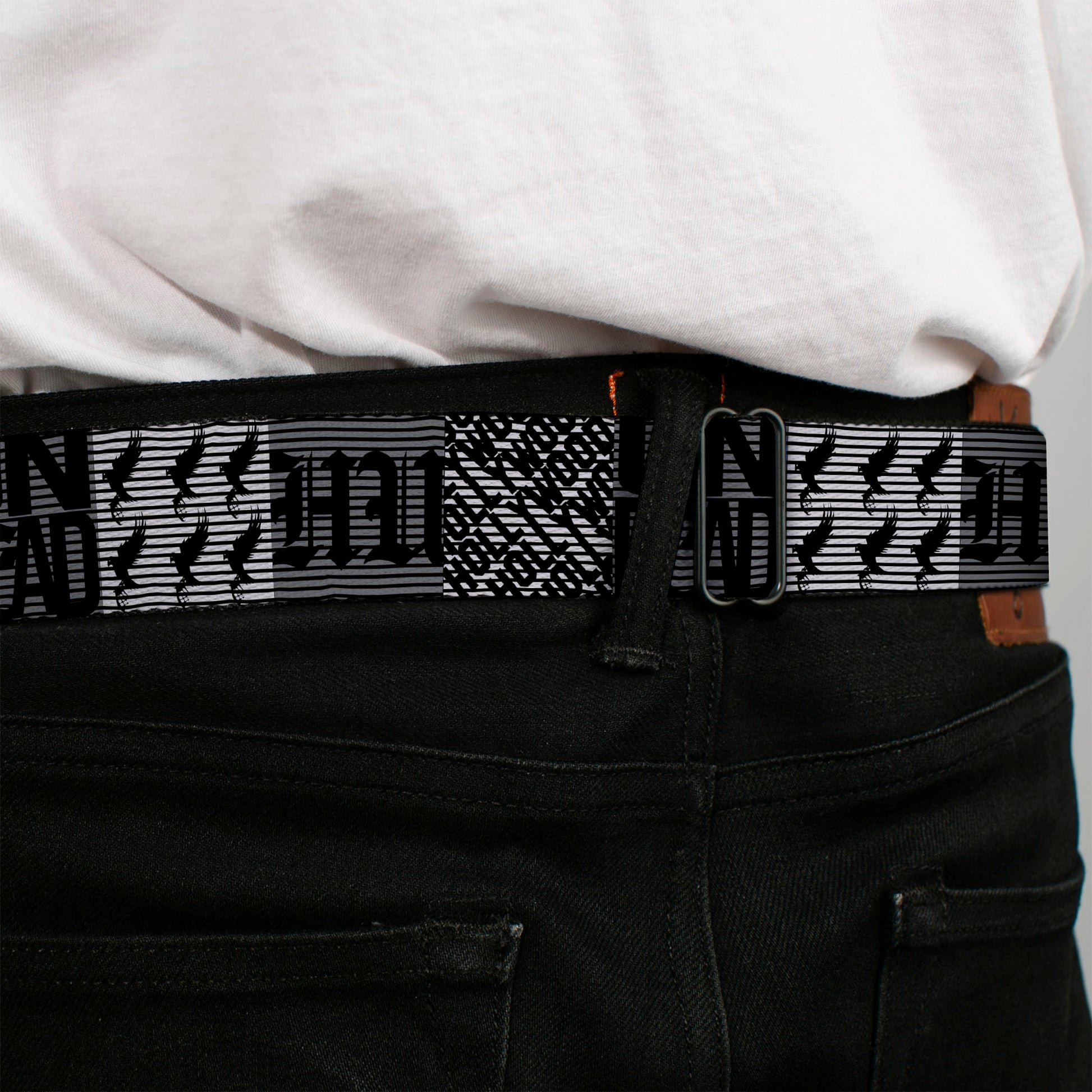 HOLLYWOOD UNDEAD Text Logo Full Color Black/White Seatbelt Belt - Hollywood Undead Logo Blocks Grays/Black Webbing Seatbelt Belts Hollywood Undead