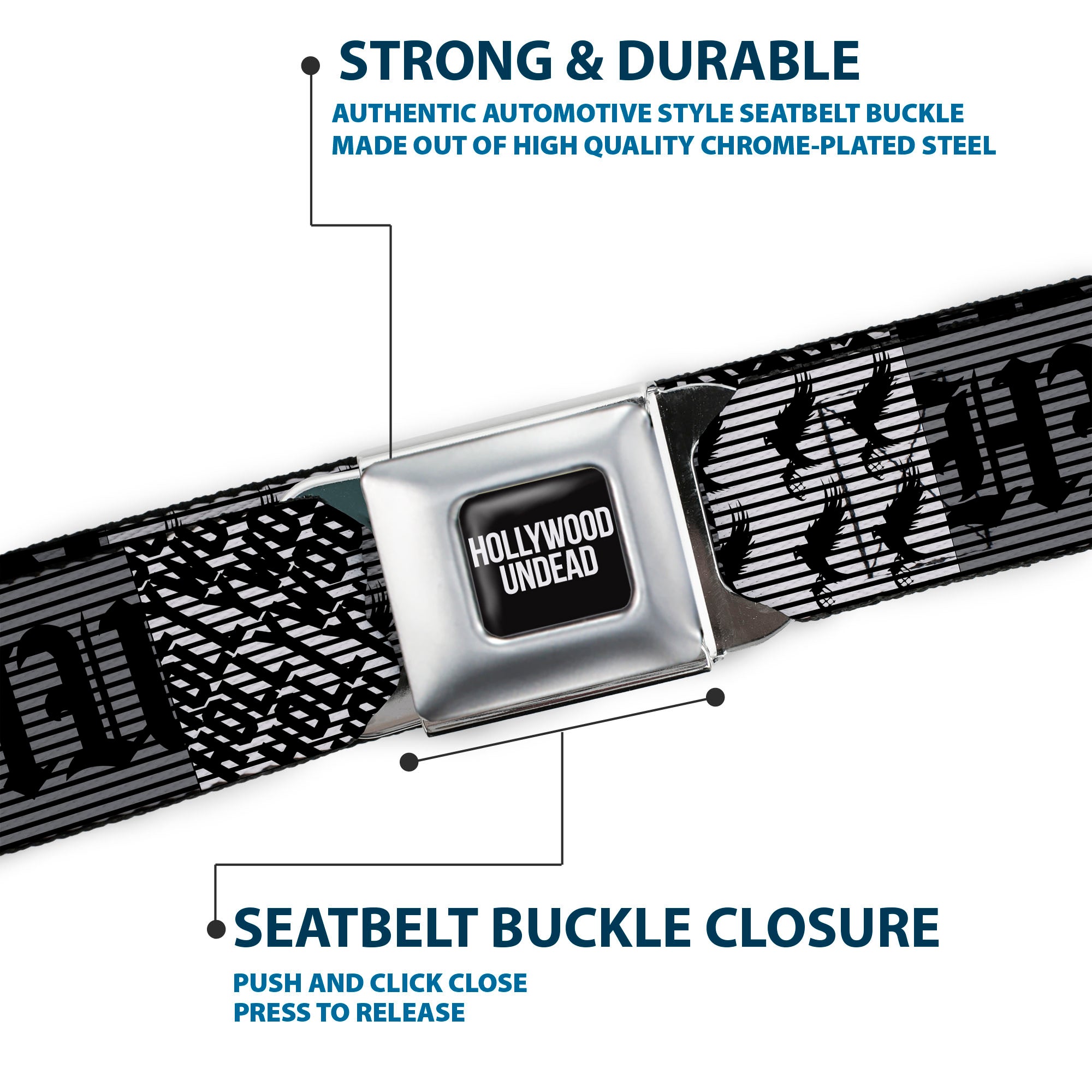 HOLLYWOOD UNDEAD Text Logo Full Color Black/White Seatbelt Belt - Hollywood Undead Logo Blocks Grays/Black Webbing Seatbelt Belts Hollywood Undead