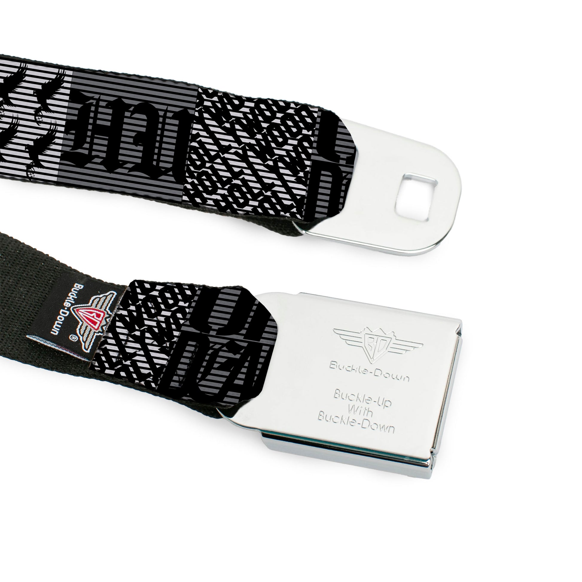 HOLLYWOOD UNDEAD Text Logo Full Color Black/White Seatbelt Belt - Hollywood Undead Logo Blocks Grays/Black Webbing Seatbelt Belts Hollywood Undead