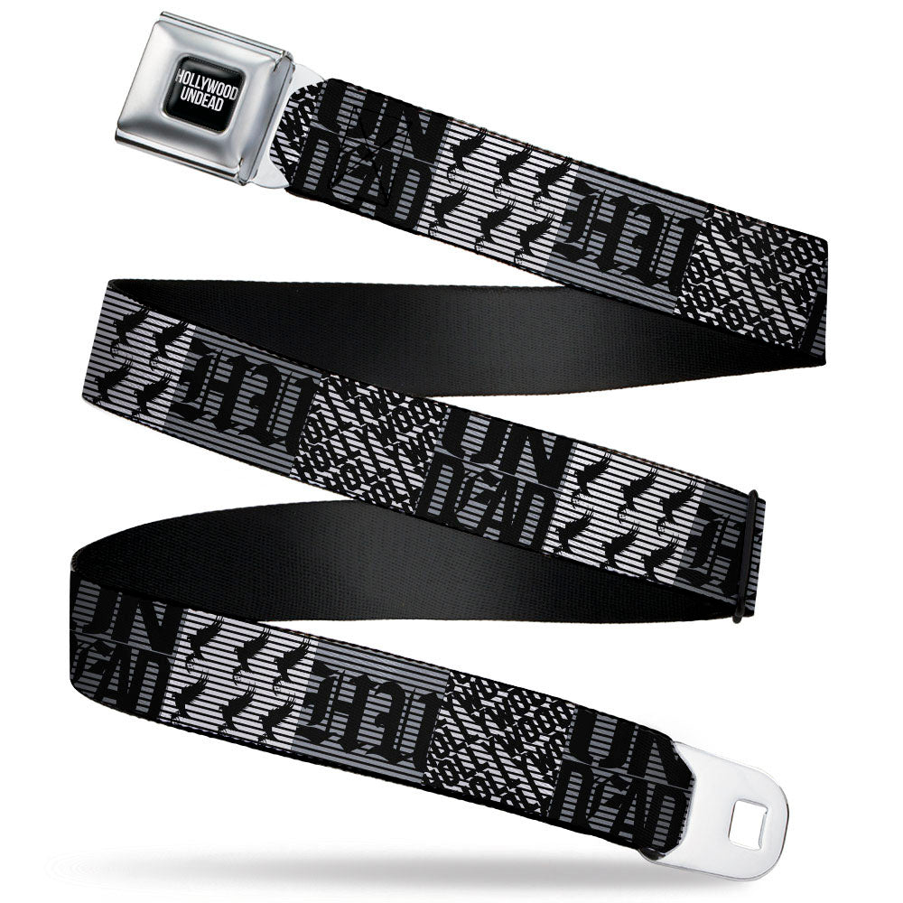 HOLLYWOOD UNDEAD Text Logo Full Color Black/White Seatbelt Belt - Hollywood Undead Logo Blocks Grays/Black Webbing Seatbelt Belts Hollywood Undead