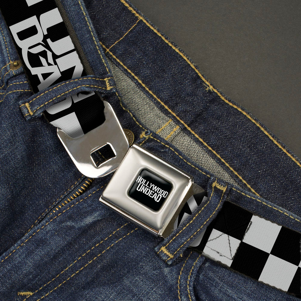 HOLLYWOOD UNDEAD Text Logo Full Color Black/White Seatbelt Belt - Hollywood Undead UNDEAD Checker Black/White Webbing Seatbelt Belts Hollywood Undead