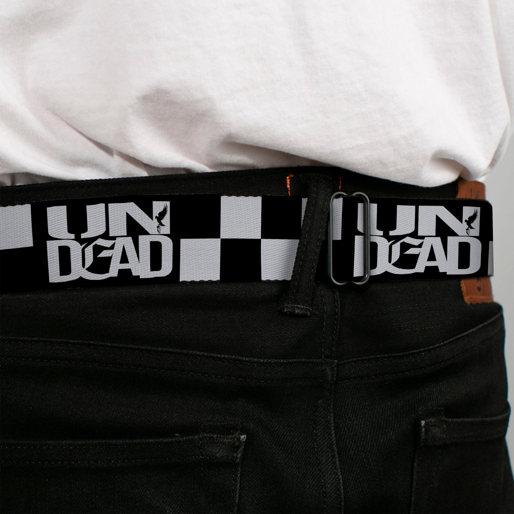 HOLLYWOOD UNDEAD Text Logo Full Color Black/White Seatbelt Belt - Hollywood Undead UNDEAD Checker Black/White Webbing Seatbelt Belts Hollywood Undead