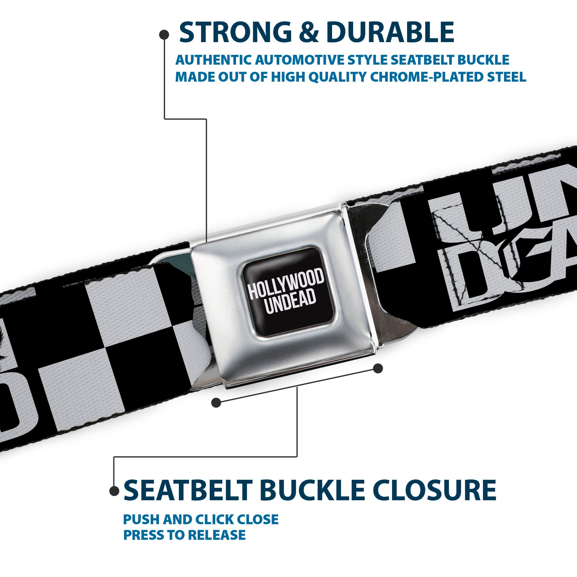 HOLLYWOOD UNDEAD Text Logo Full Color Black/White Seatbelt Belt - Hollywood Undead UNDEAD Checker Black/White Webbing Seatbelt Belts Hollywood Undead