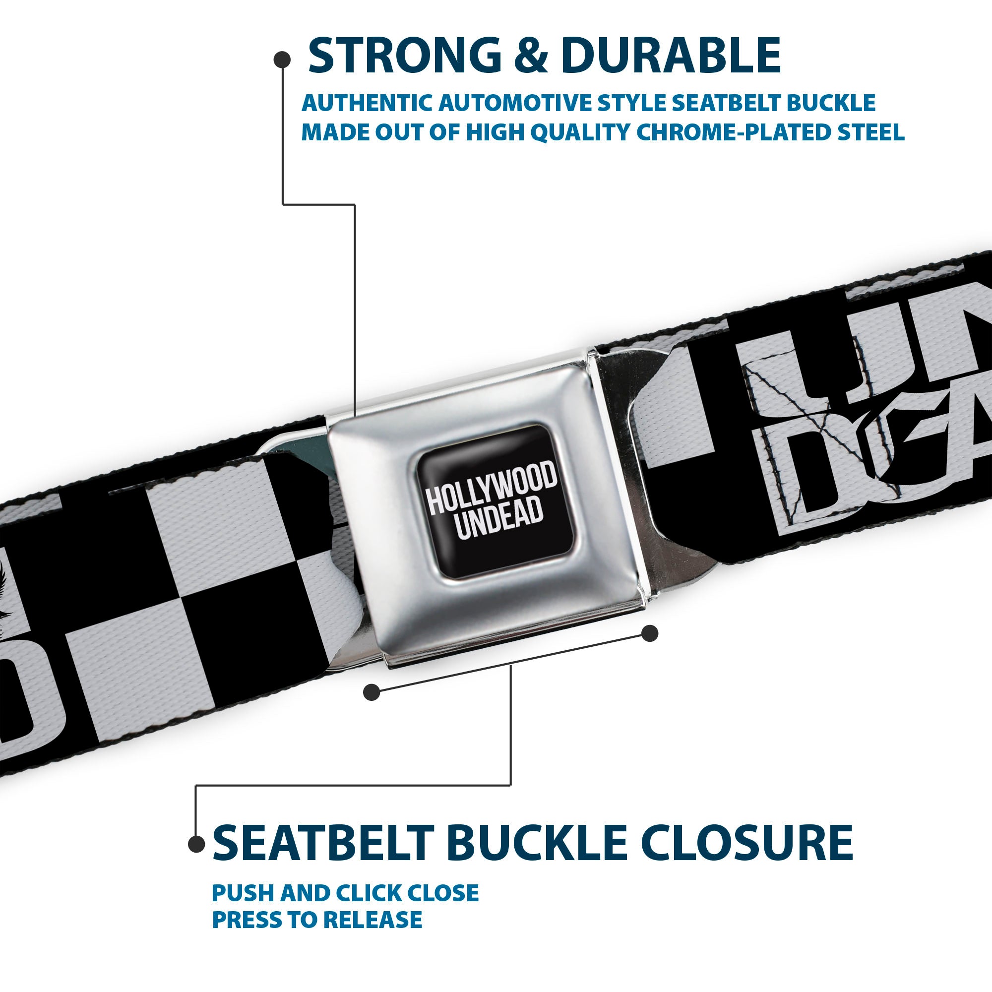 HOLLYWOOD UNDEAD Text Logo Full Color Black/White Seatbelt Belt - Hollywood Undead UNDEAD Checker Black/White Webbing Seatbelt Belts Hollywood Undead