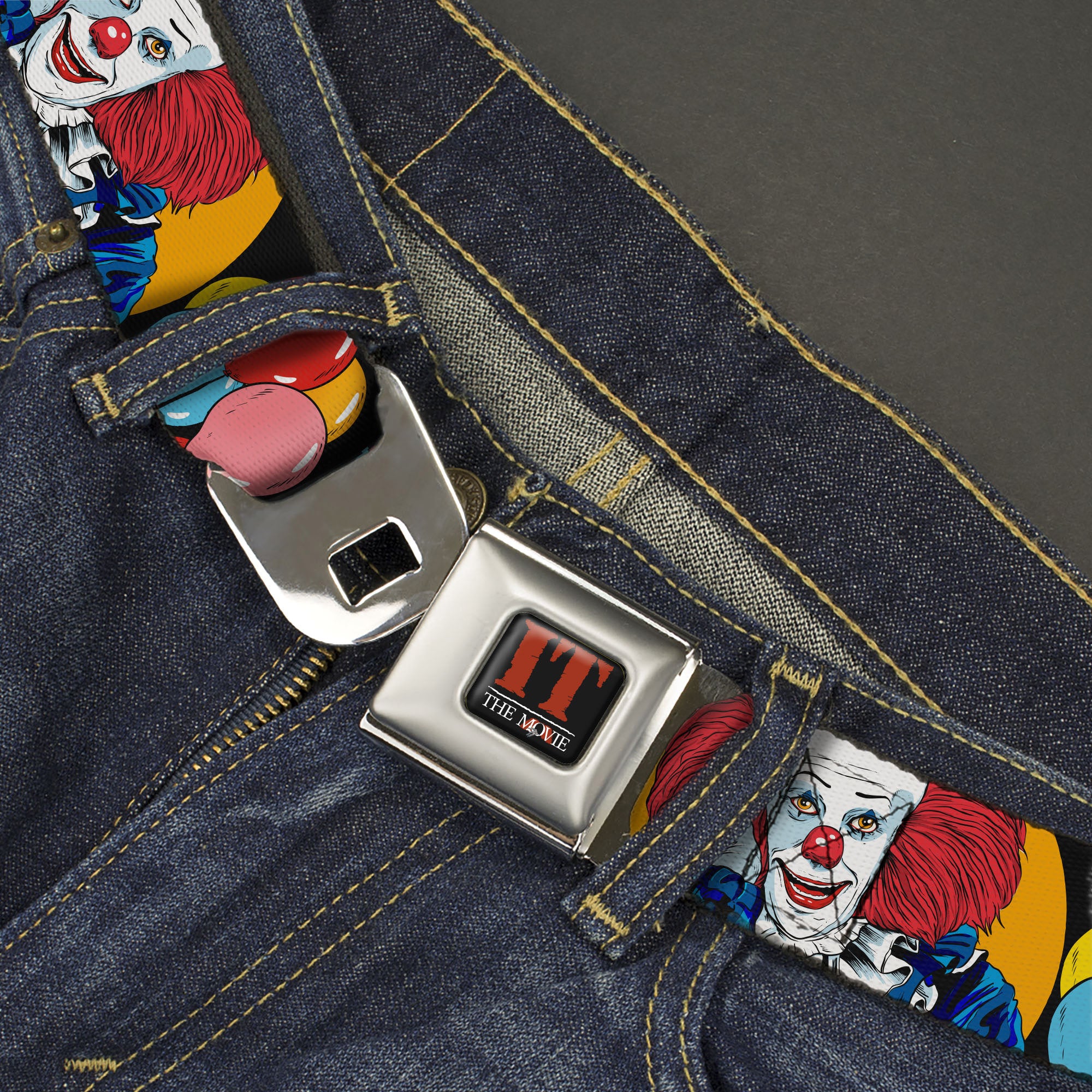 IT THE MOVIE Title Logo Full Color Black/Red/White Seatbelt Belt - IT YOU BLOW ME AWAY Pennywise Clown Pose Black/Multi Color Webbing Seatbelt Belts IT