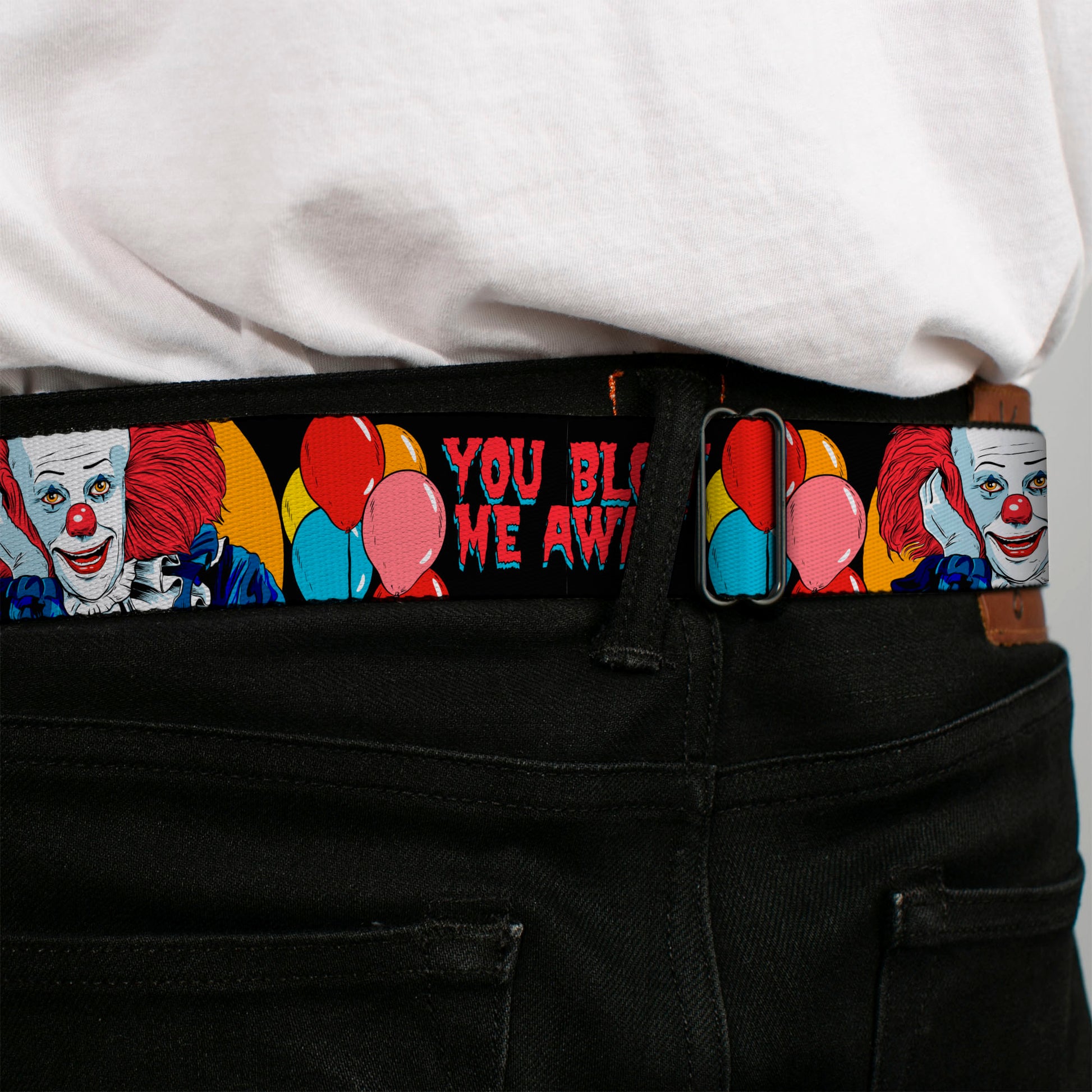 IT THE MOVIE Title Logo Full Color Black/Red/White Seatbelt Belt - IT YOU BLOW ME AWAY Pennywise Clown Pose Black/Multi Color Webbing Seatbelt Belts IT