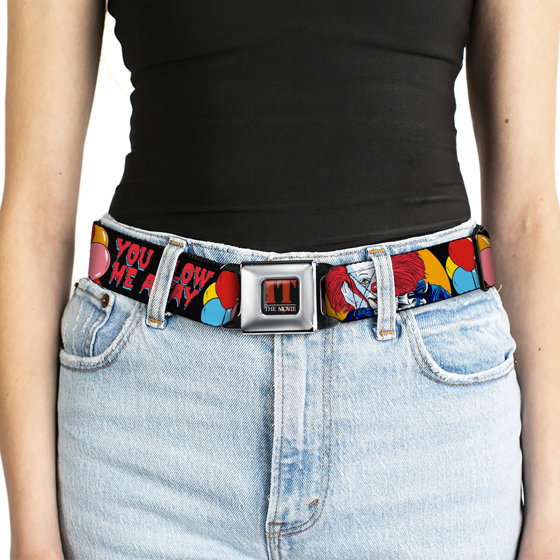 IT THE MOVIE Title Logo Full Color Black/Red/White Seatbelt Belt - IT YOU BLOW ME AWAY Pennywise Clown Pose Black/Multi Color Webbing Seatbelt Belts IT