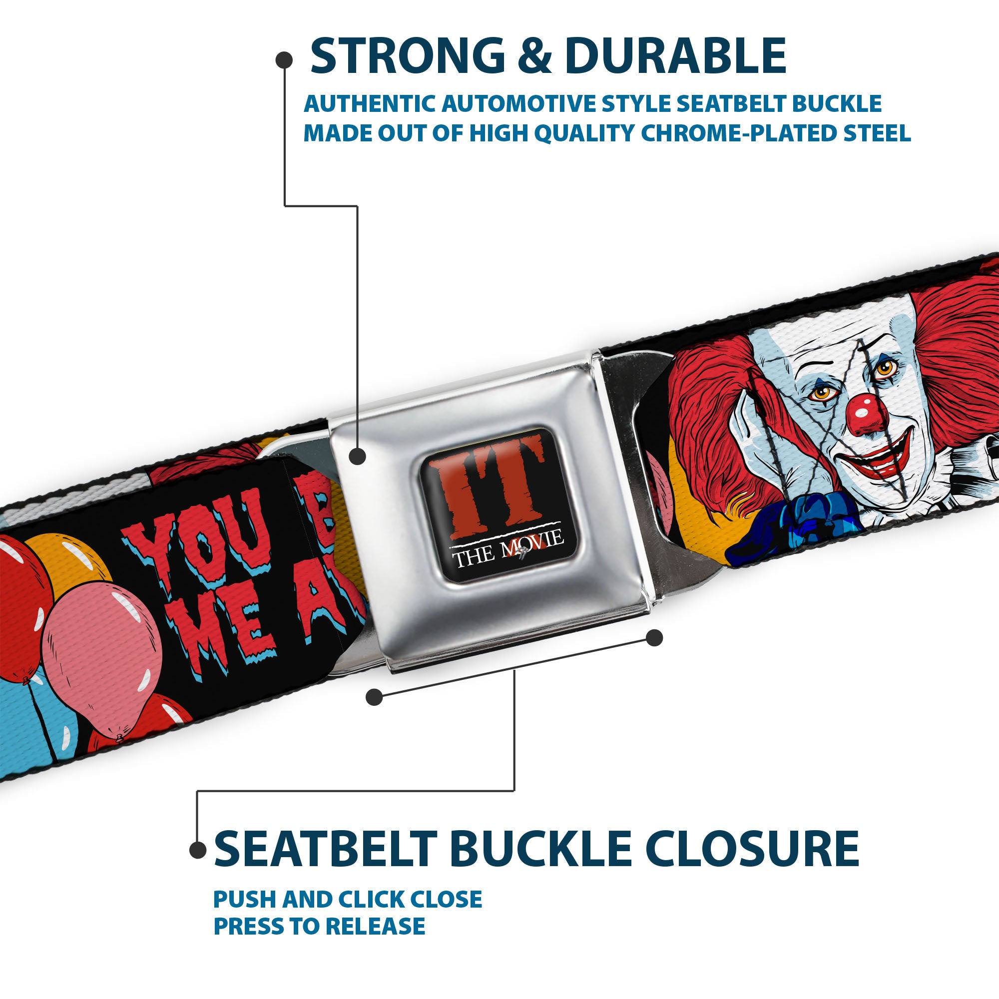 IT THE MOVIE Title Logo Full Color Black/Red/White Seatbelt Belt - IT YOU BLOW ME AWAY Pennywise Clown Pose Black/Multi Color Webbing Seatbelt Belts IT