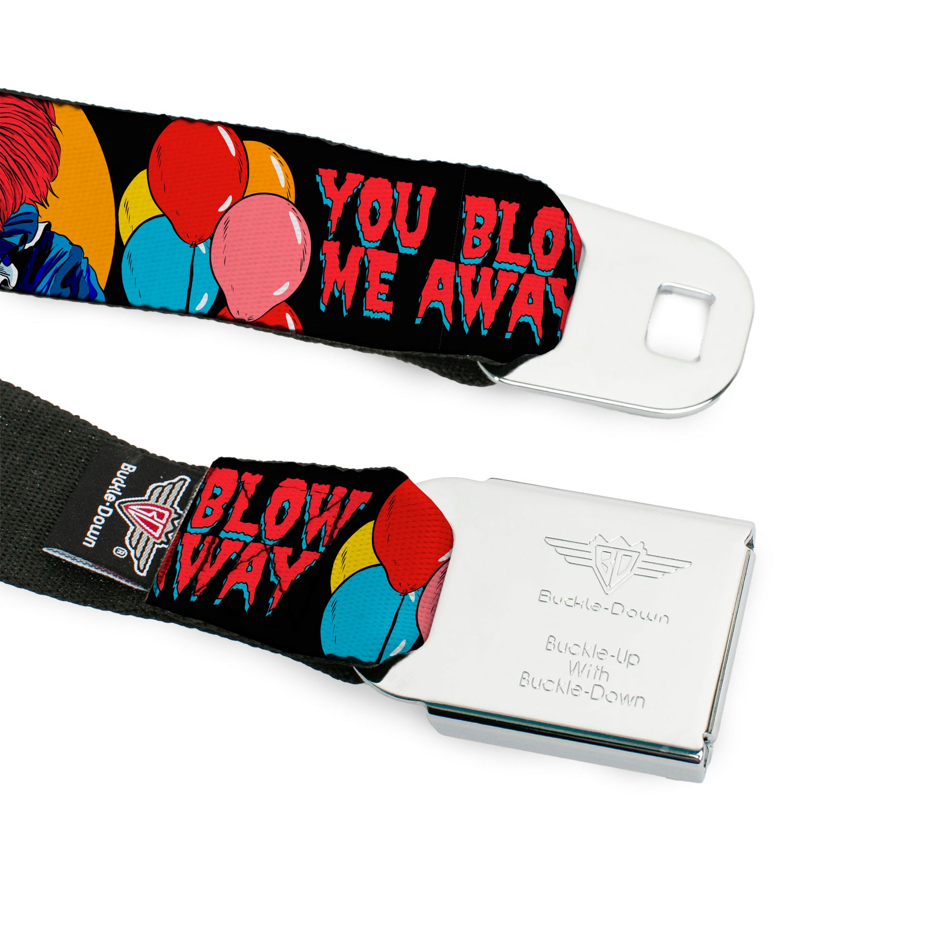 IT THE MOVIE Title Logo Full Color Black/Red/White Seatbelt Belt - IT YOU BLOW ME AWAY Pennywise Clown Pose Black/Multi Color Webbing Seatbelt Belts IT