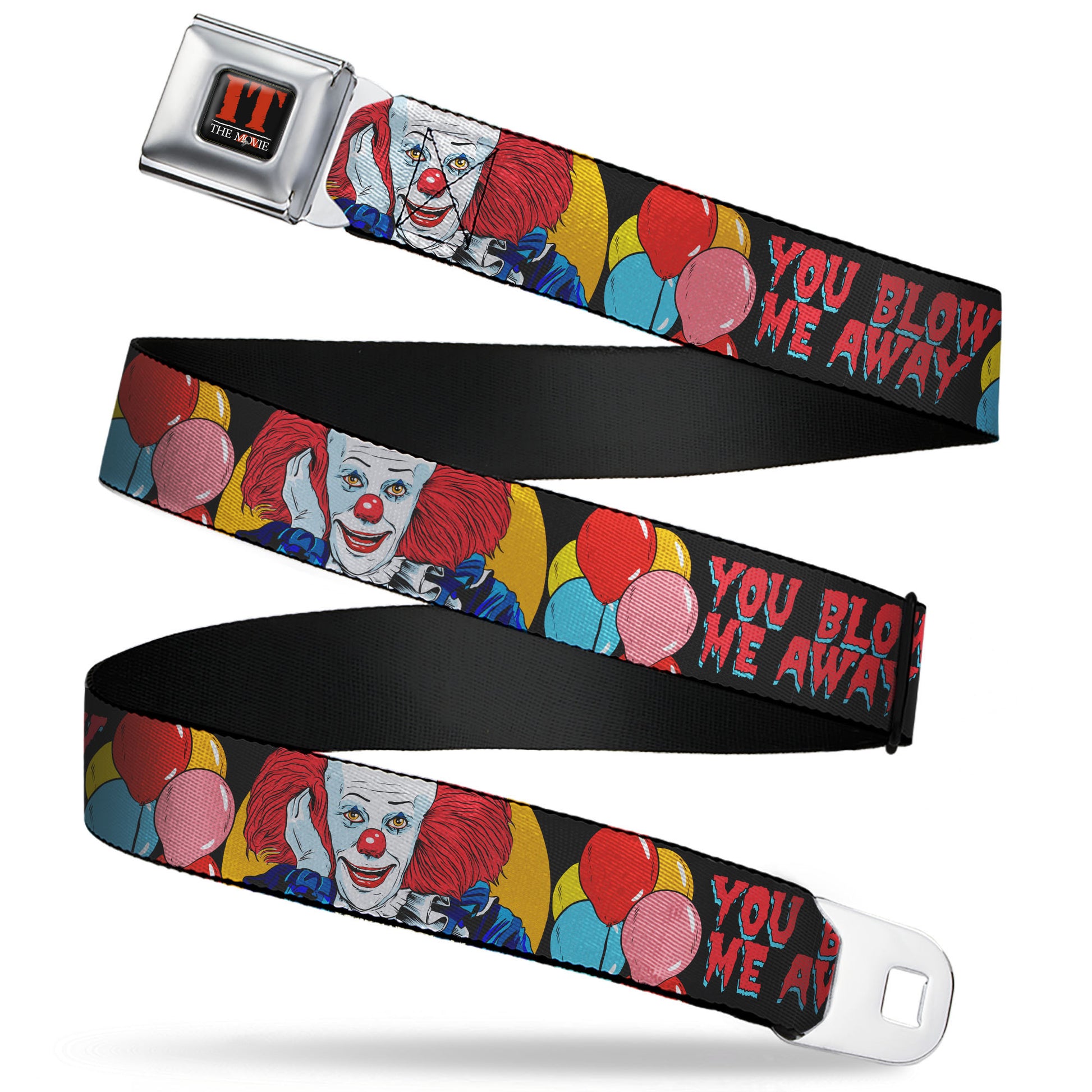 IT THE MOVIE Title Logo Full Color Black/Red/White Seatbelt Belt - IT YOU BLOW ME AWAY Pennywise Clown Pose Black/Multi Color Webbing Seatbelt Belts IT