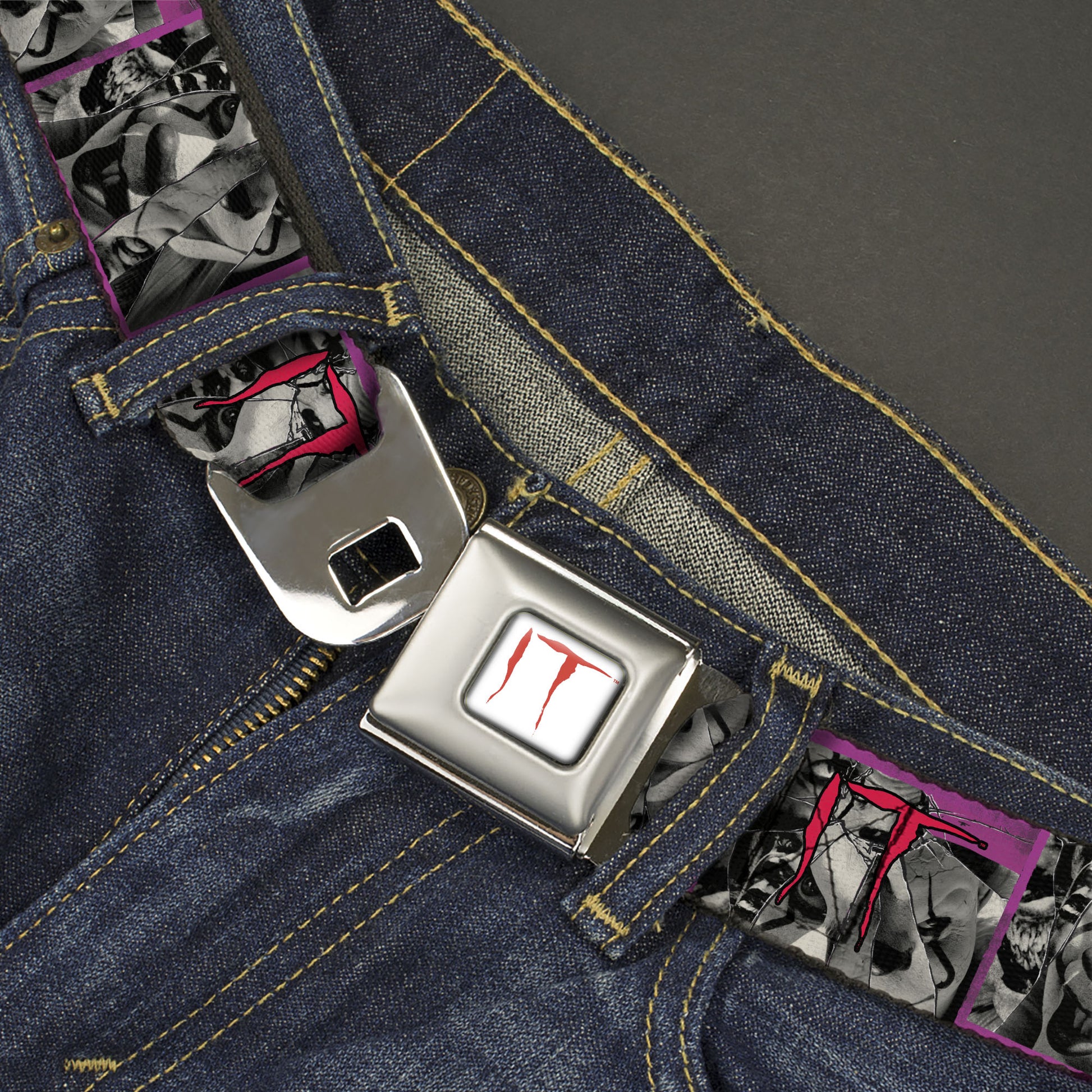 IT Text Logo Full Color White/Red Seatbelt Belt - IT Pennywise Broken Mirror Pose Purple/Grays/Red Webbing Seatbelt Belts IT