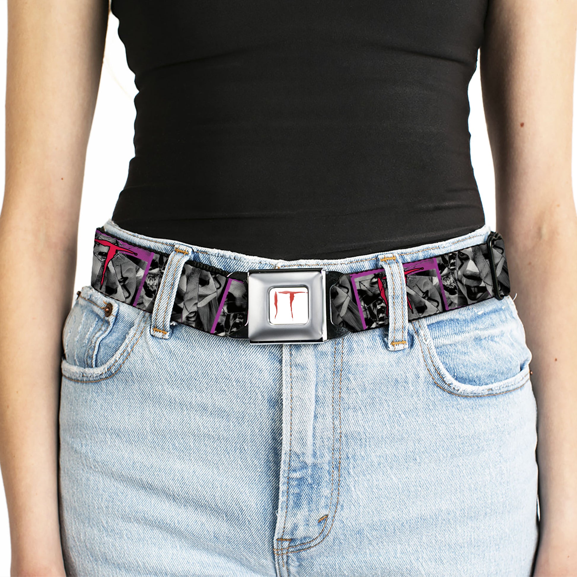 IT Text Logo Full Color White/Red Seatbelt Belt - IT Pennywise Broken Mirror Pose Purple/Grays/Red Webbing Seatbelt Belts IT