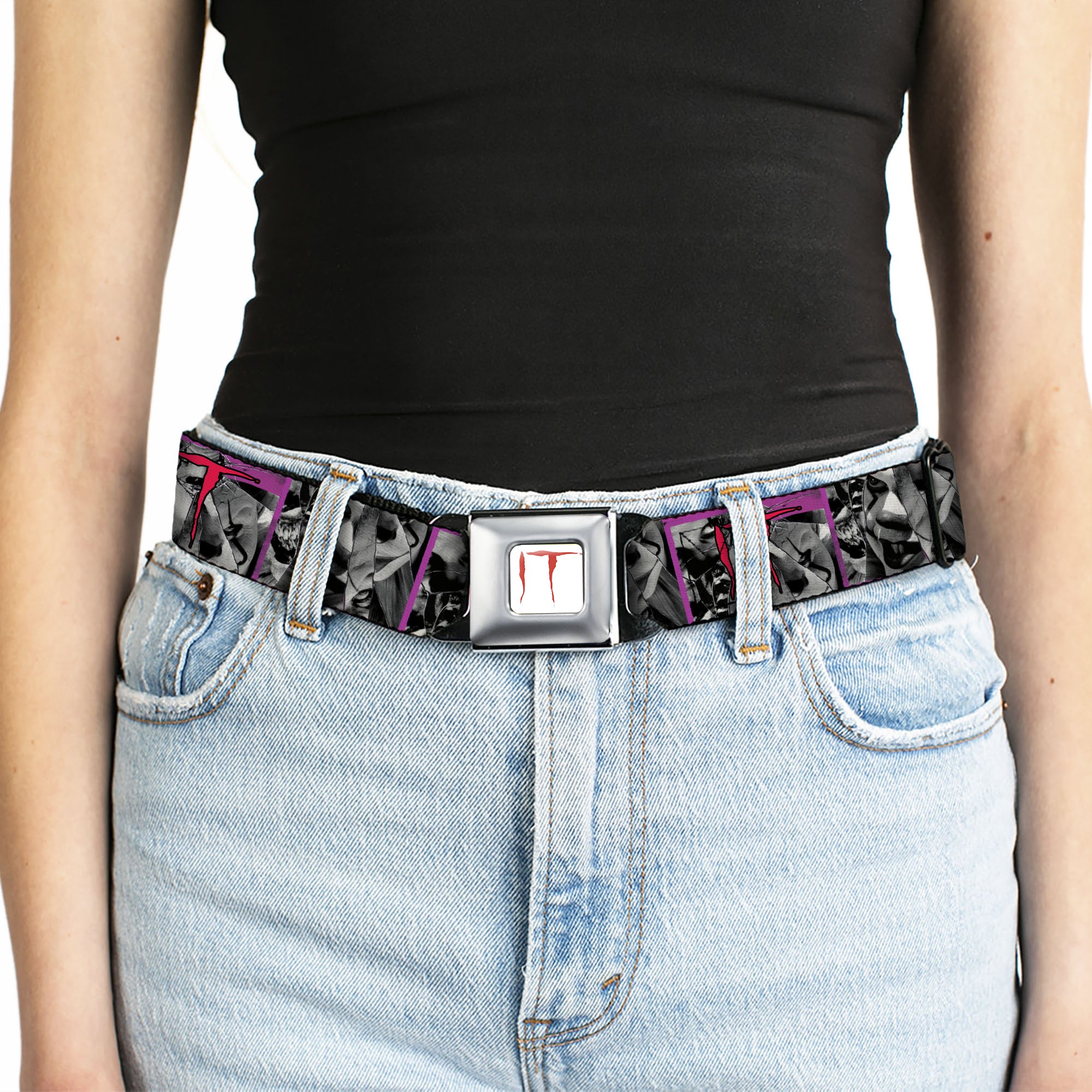 IT Text Logo Full Color White/Red Seatbelt Belt - IT Pennywise Broken Mirror Pose Purple/Grays/Red Webbing Seatbelt Belts IT