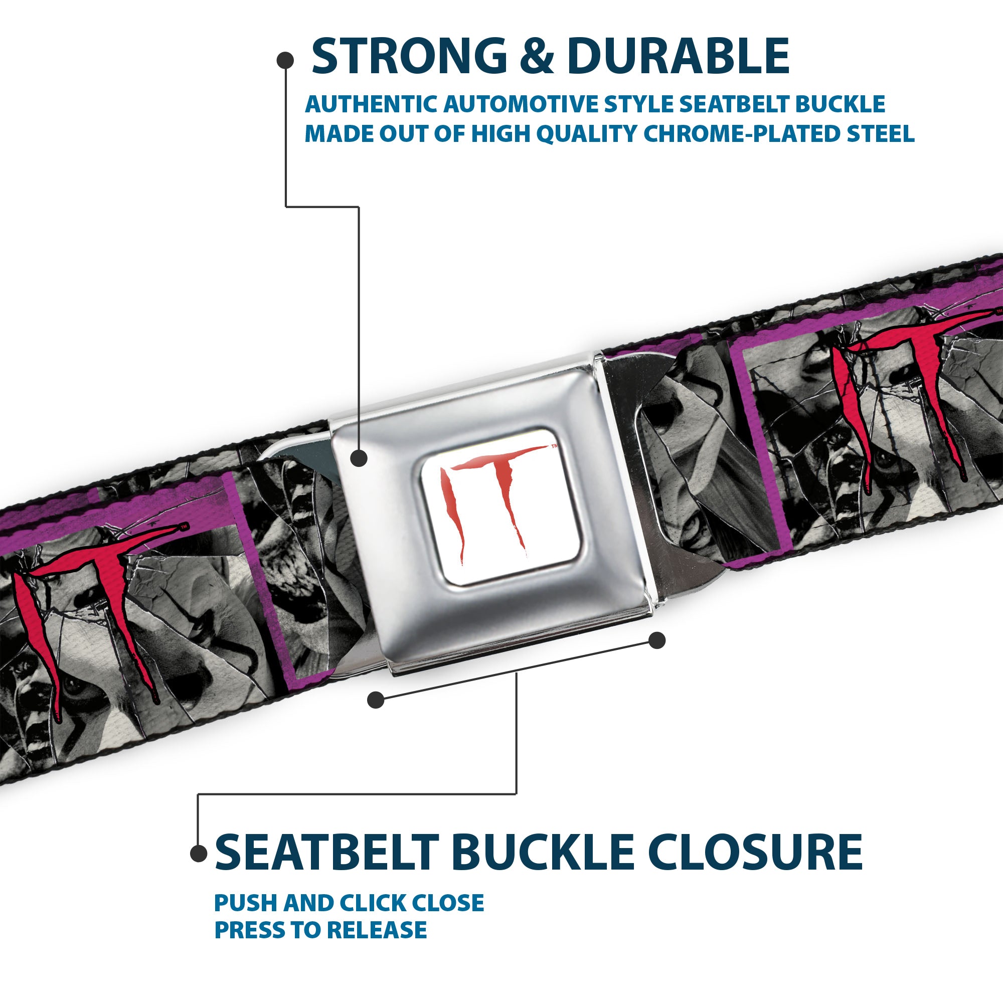 IT Text Logo Full Color White/Red Seatbelt Belt - IT Pennywise Broken Mirror Pose Purple/Grays/Red Webbing Seatbelt Belts IT