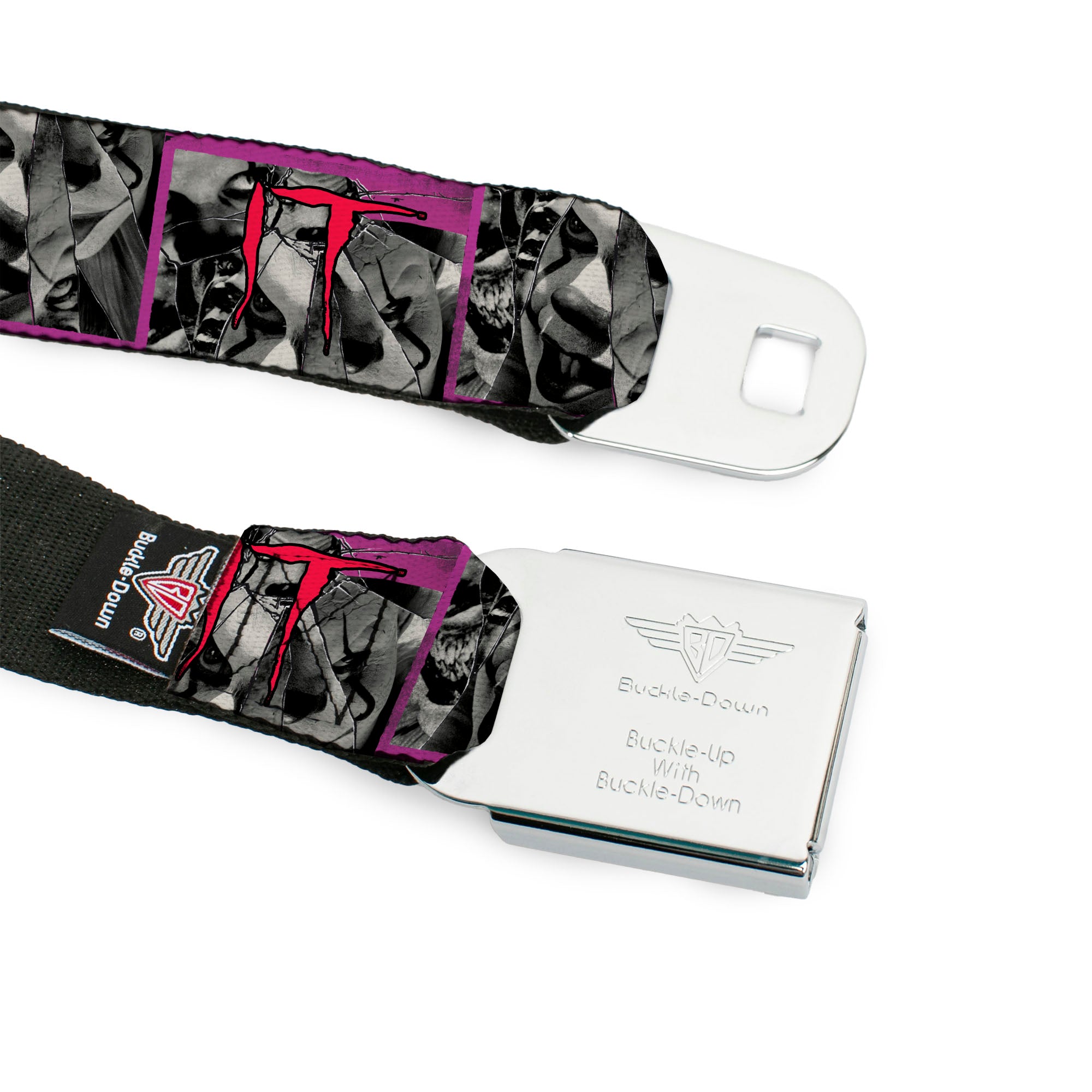 IT Text Logo Full Color White/Red Seatbelt Belt - IT Pennywise Broken Mirror Pose Purple/Grays/Red Webbing Seatbelt Belts IT