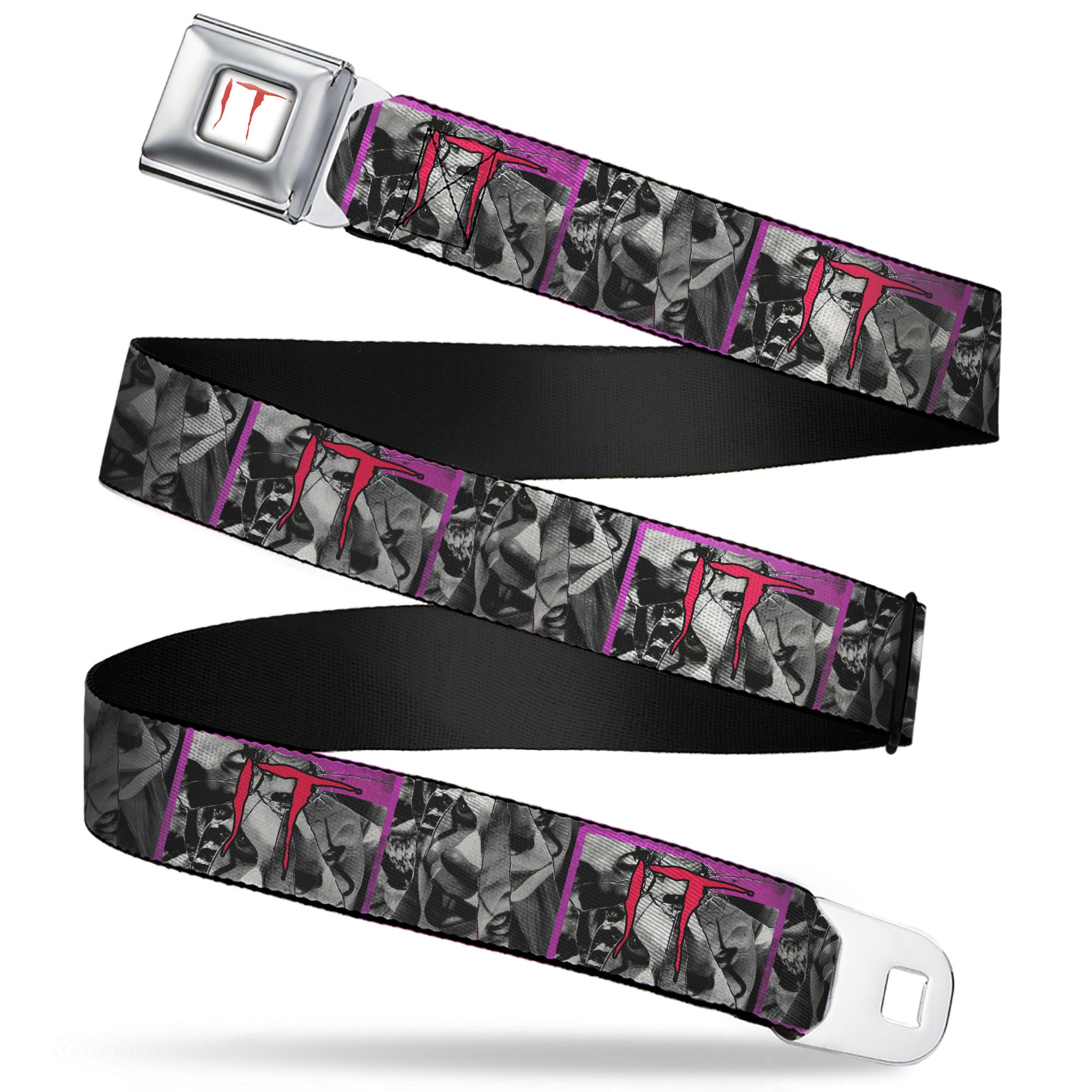IT Text Logo Full Color White/Red Seatbelt Belt - IT Pennywise Broken Mirror Pose Purple/Grays/Red Webbing Seatbelt Belts IT