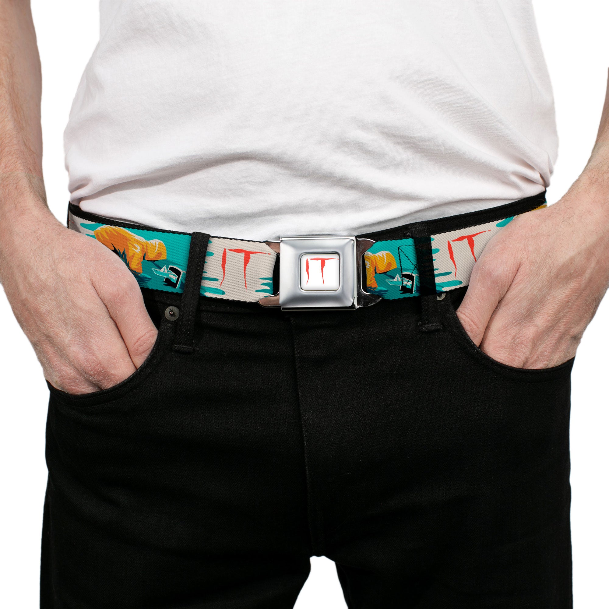 IT Text Logo Full Color White/Red Seatbelt Belt - IT Georgie Paper Boat Scene and Title Logo Webbing