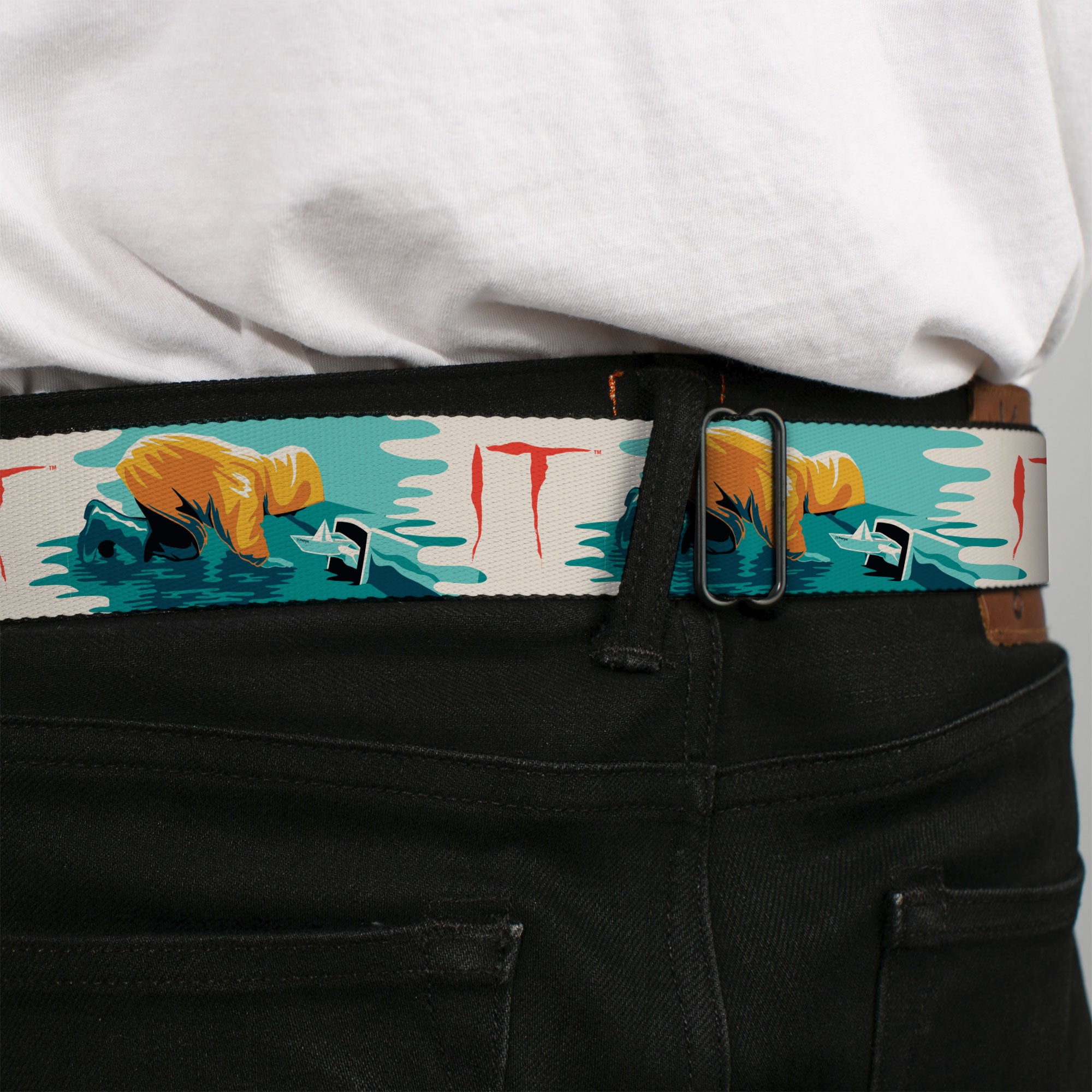 IT Text Logo Full Color White/Red Seatbelt Belt - IT Georgie Paper Boat Scene and Title Logo Webbing