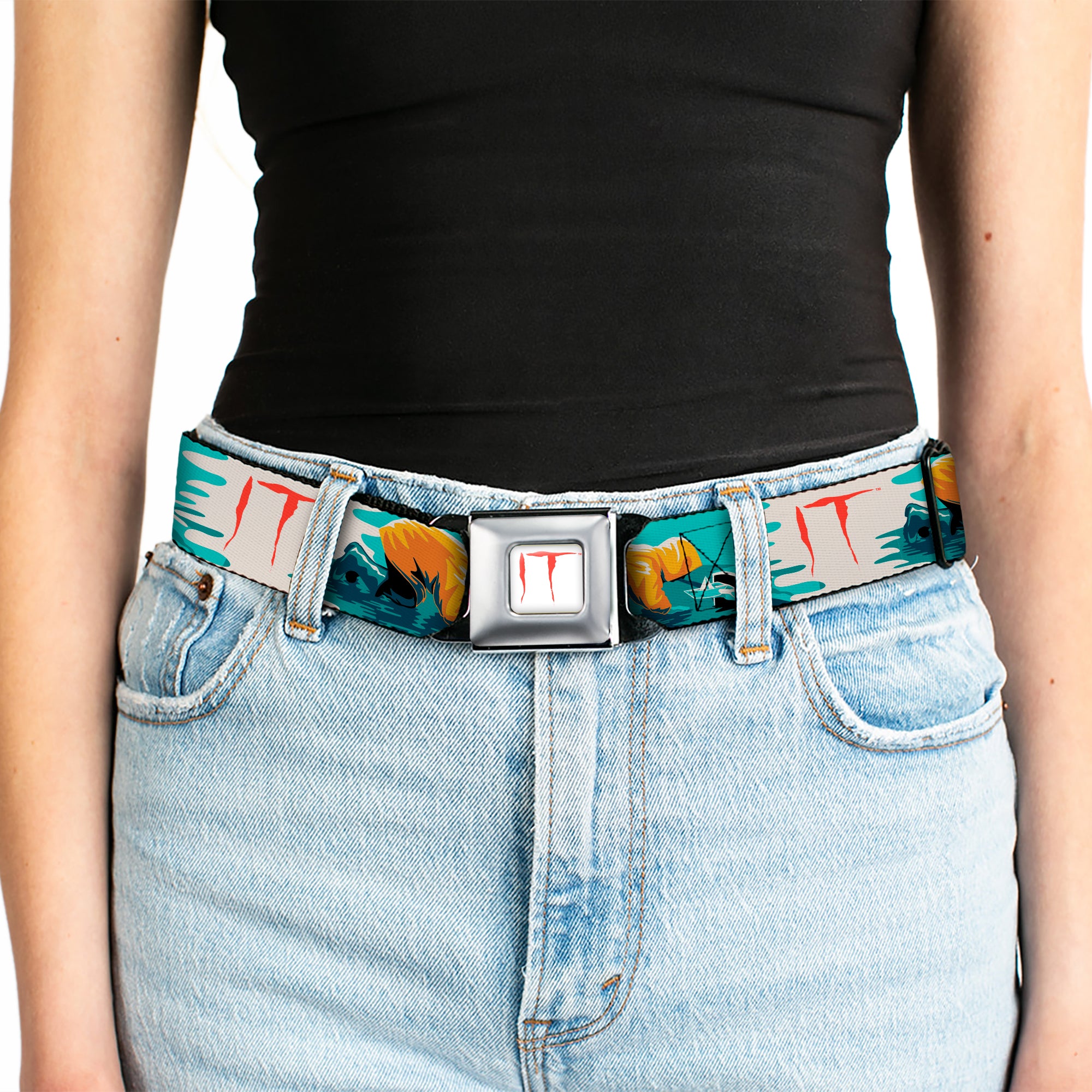IT Text Logo Full Color White/Red Seatbelt Belt - IT Georgie Paper Boat Scene and Title Logo Webbing