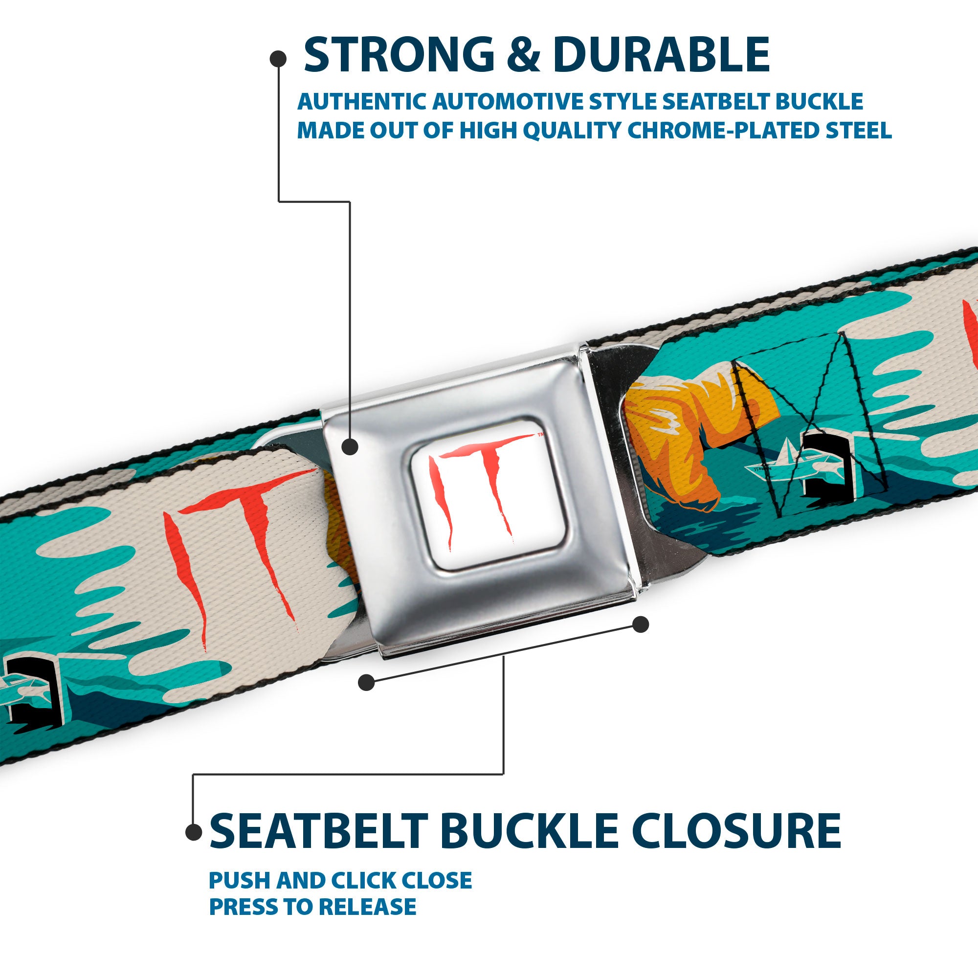 IT Text Logo Full Color White/Red Seatbelt Belt - IT Georgie Paper Boat Scene and Title Logo Webbing