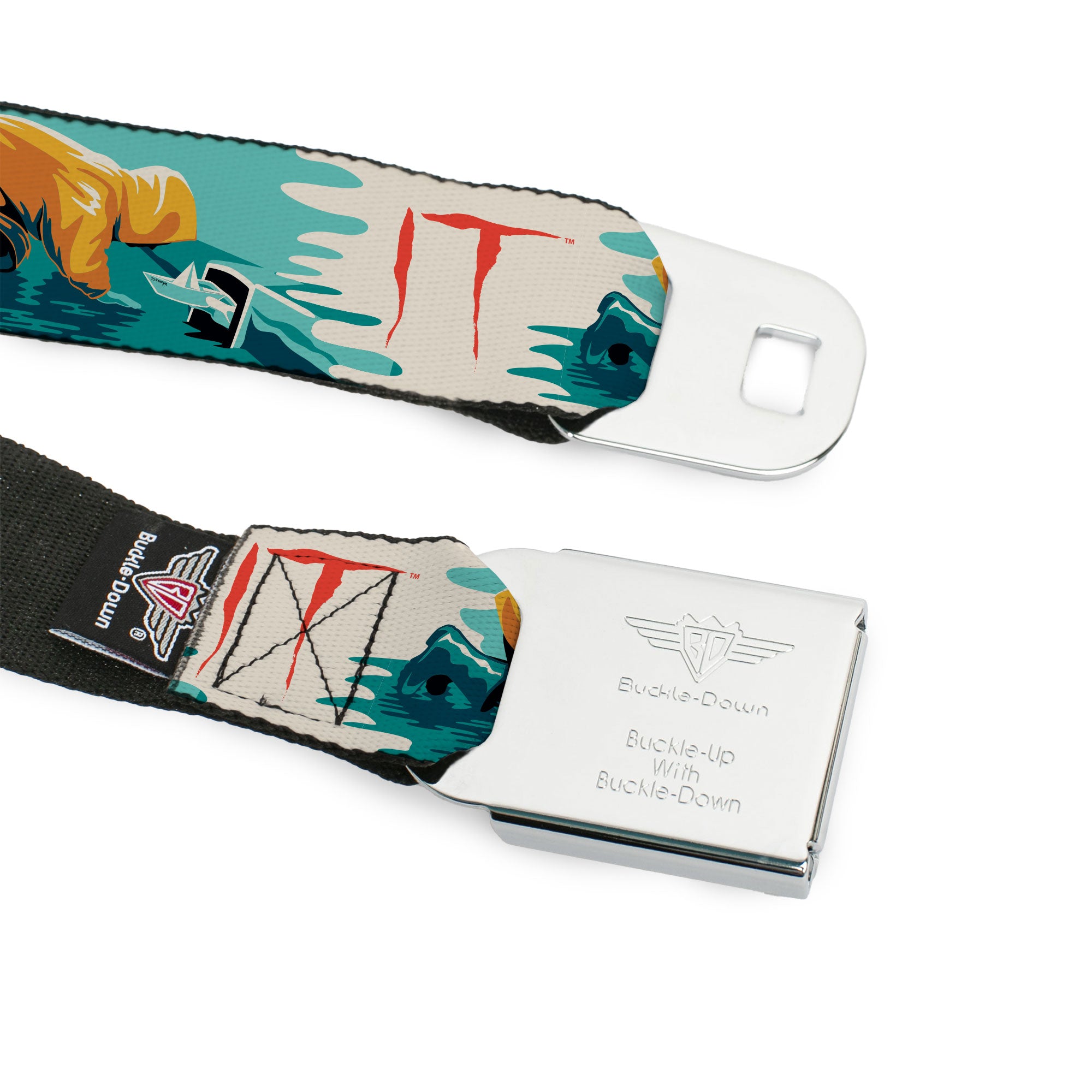 IT Text Logo Full Color White/Red Seatbelt Belt - IT Georgie Paper Boat Scene and Title Logo Webbing