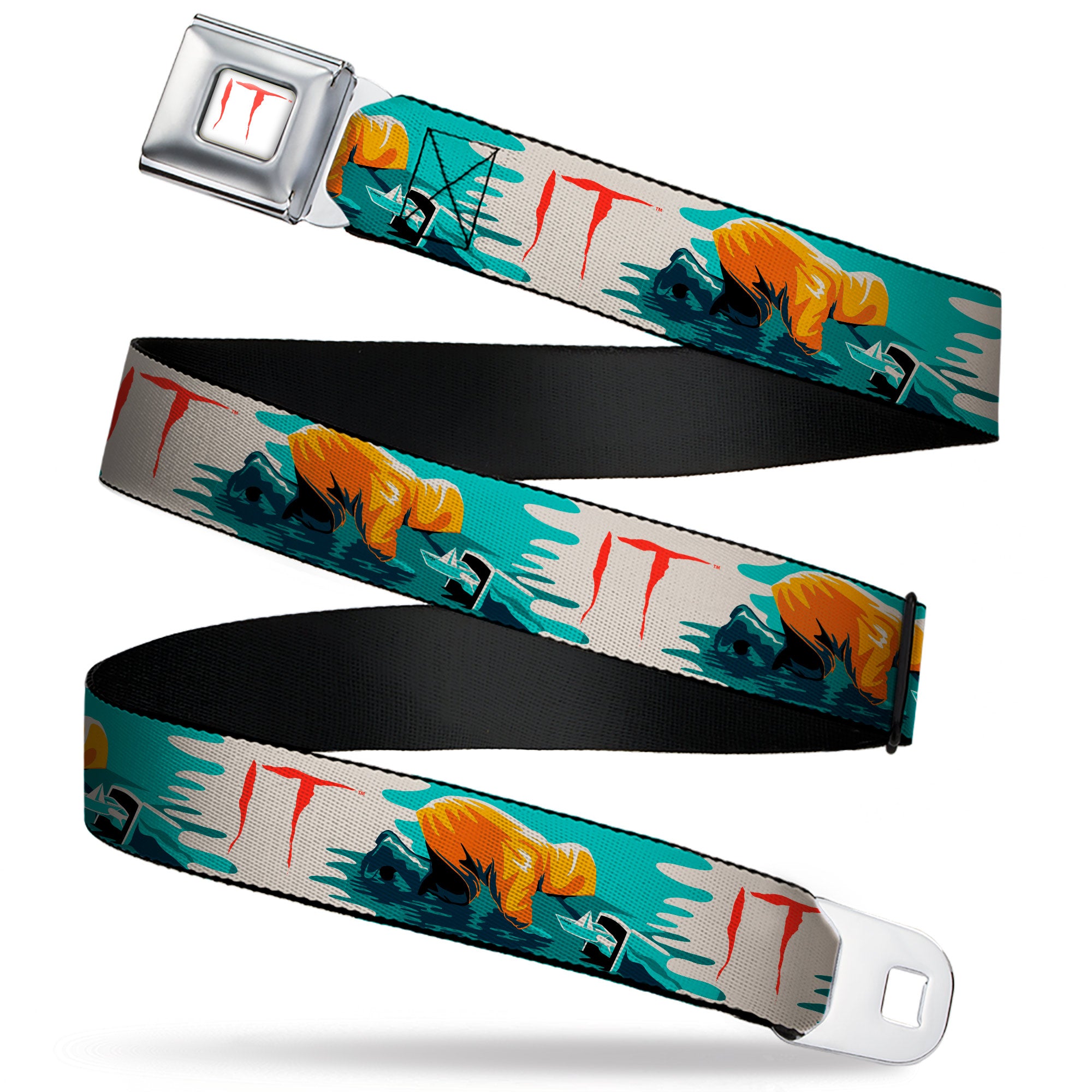 IT Text Logo Full Color White/Red Seatbelt Belt - IT Georgie Paper Boat Scene and Title Logo Webbing