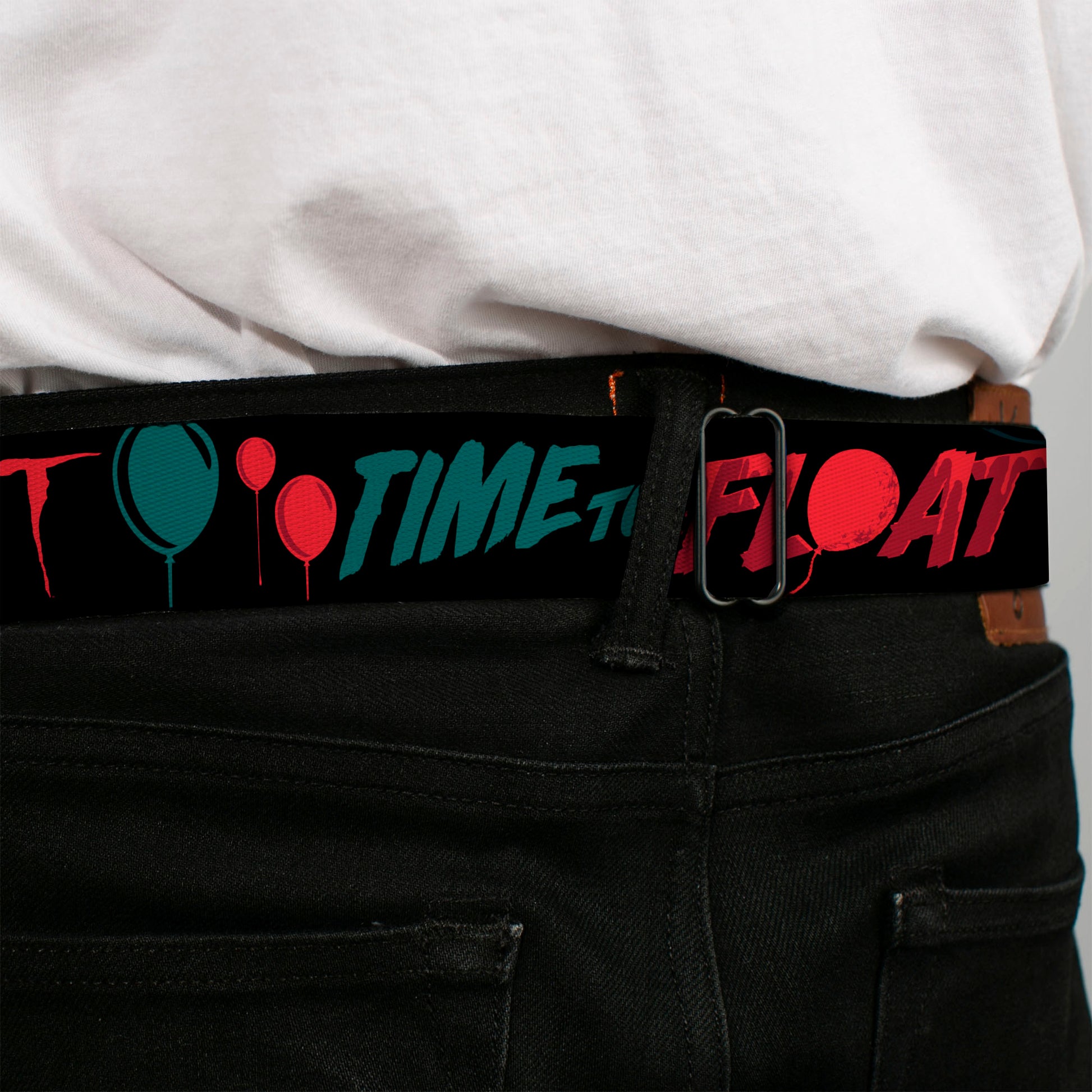 IT Title Logo Full Color Black/Red Seatbelt Belt - IT Pennywise Face and Balloons TIME TO FLOAT Black/Blues/Reds Webbing Seatbelt Belts IT