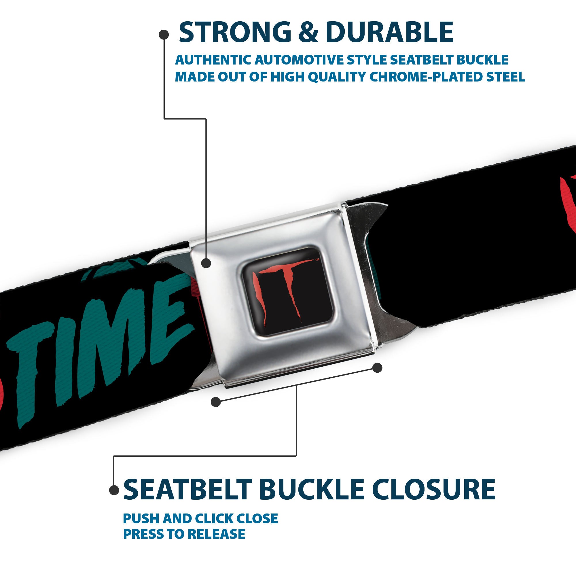 IT Title Logo Full Color Black/Red Seatbelt Belt - IT Pennywise Face and Balloons TIME TO FLOAT Black/Blues/Reds Webbing Seatbelt Belts IT