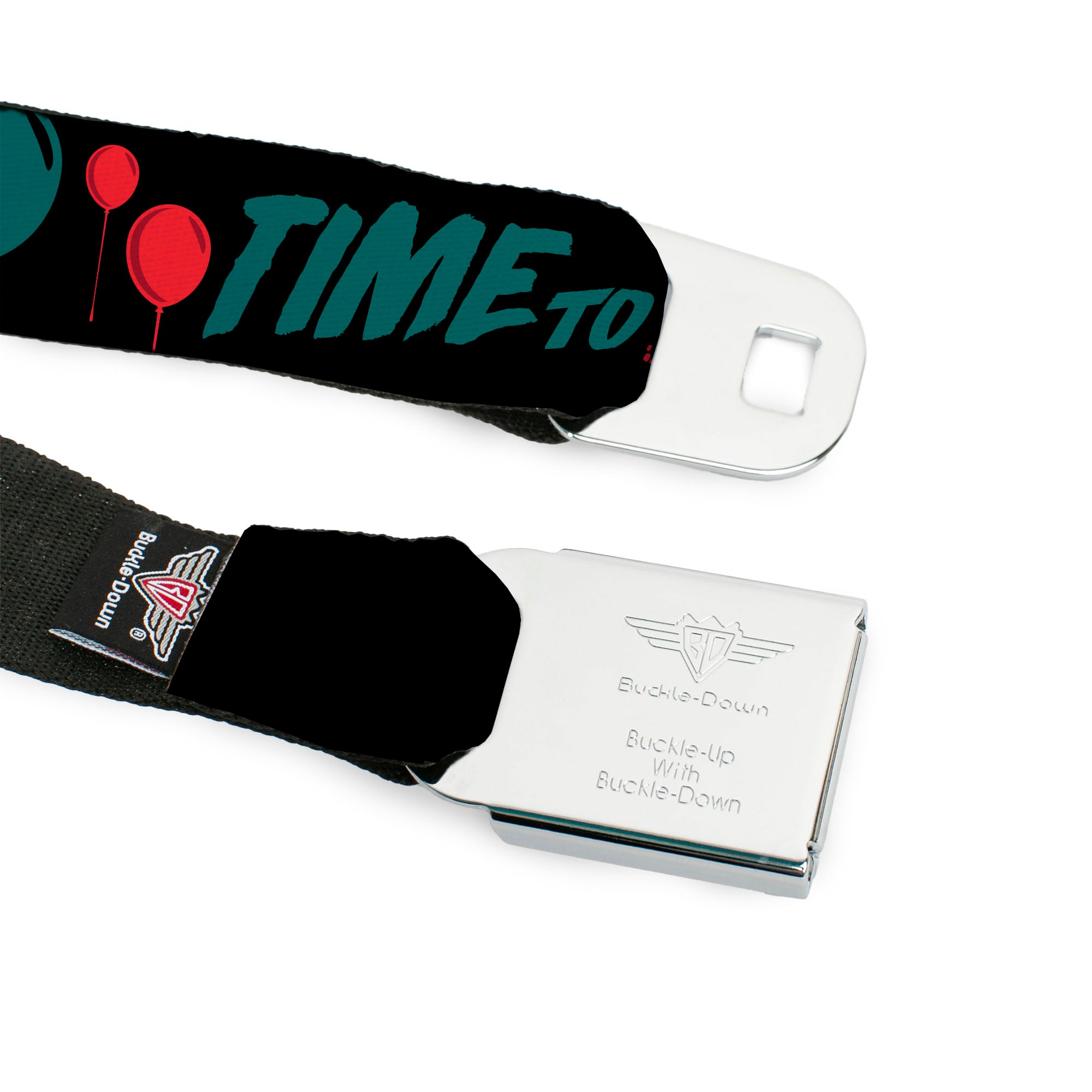 IT Title Logo Full Color Black/Red Seatbelt Belt - IT Pennywise Face and Balloons TIME TO FLOAT Black/Blues/Reds Webbing Seatbelt Belts IT