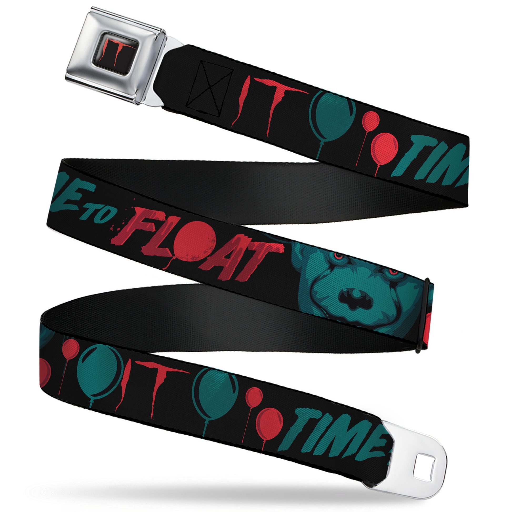IT Title Logo Full Color Black/Red Seatbelt Belt - IT Pennywise Face and Balloons TIME TO FLOAT Black/Blues/Reds Webbing Seatbelt Belts IT