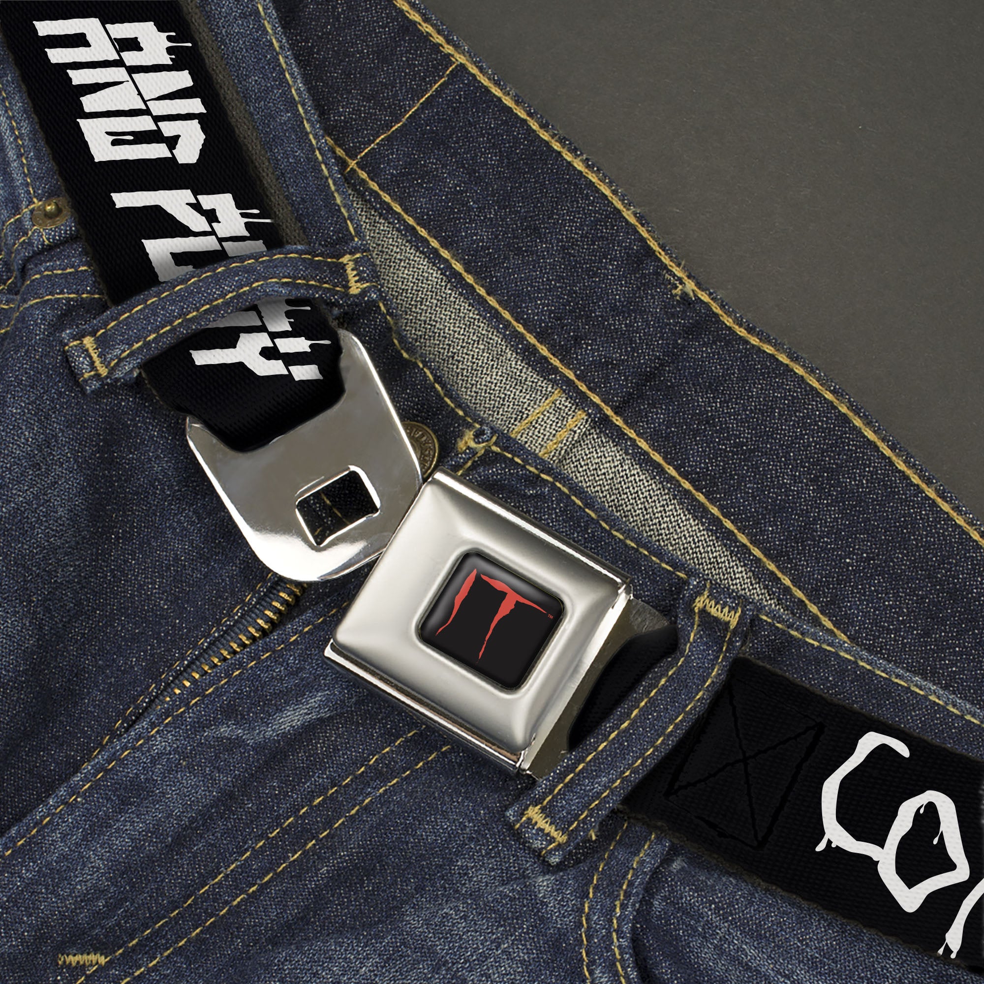 IT Title Logo Full Color Black/Red Seatbelt Belt - IT Pennywise Face Close-Up COME HOME-COME BACK AND PLAY Black/White Webbing Seatbelt Belts IT