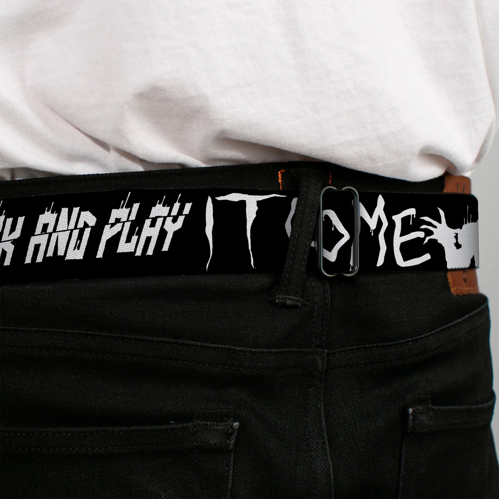 IT Title Logo Full Color Black/Red Seatbelt Belt - IT Pennywise Face Close-Up COME HOME-COME BACK AND PLAY Black/White Webbing Seatbelt Belts IT