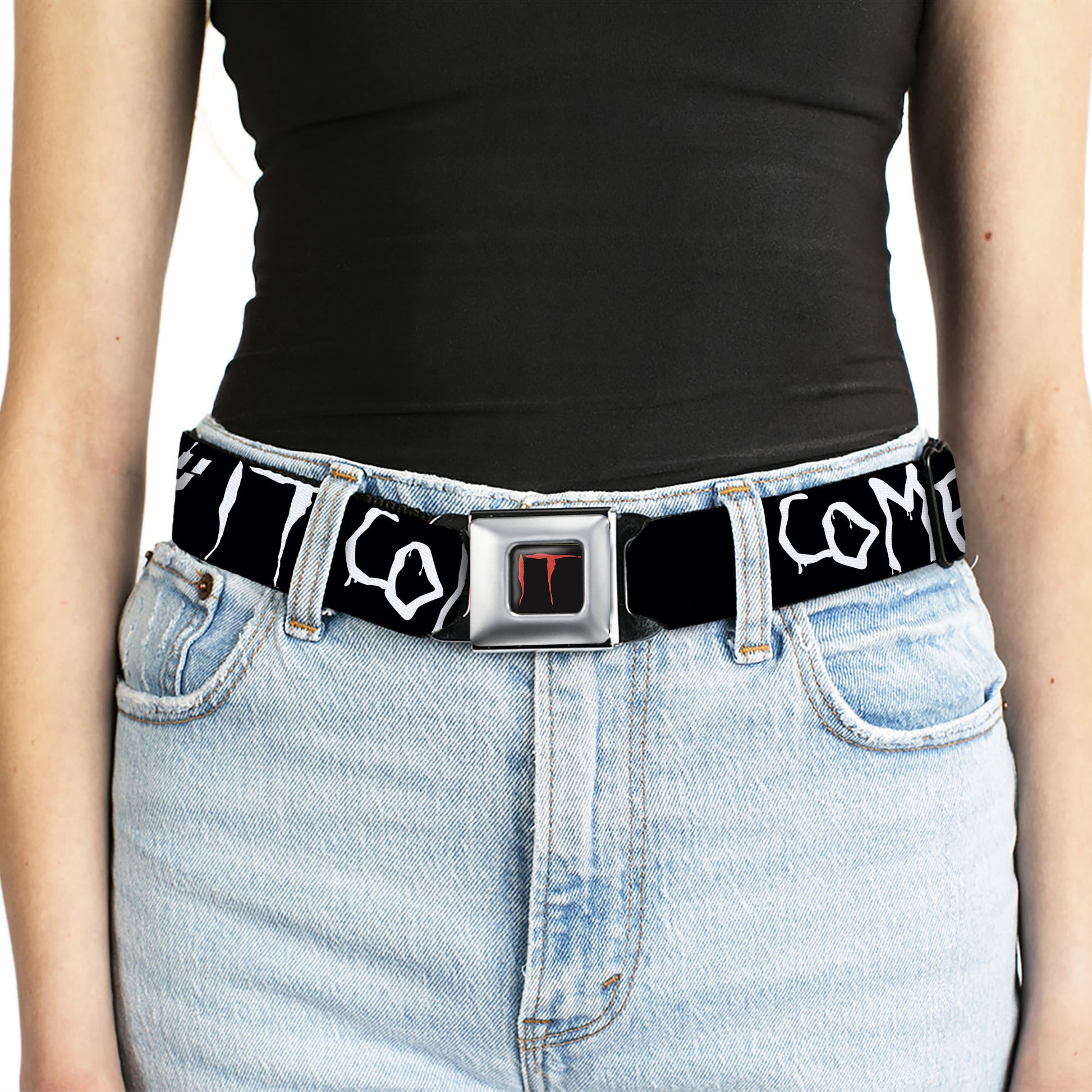 IT Title Logo Full Color Black/Red Seatbelt Belt - IT Pennywise Face Close-Up COME HOME-COME BACK AND PLAY Black/White Webbing Seatbelt Belts IT