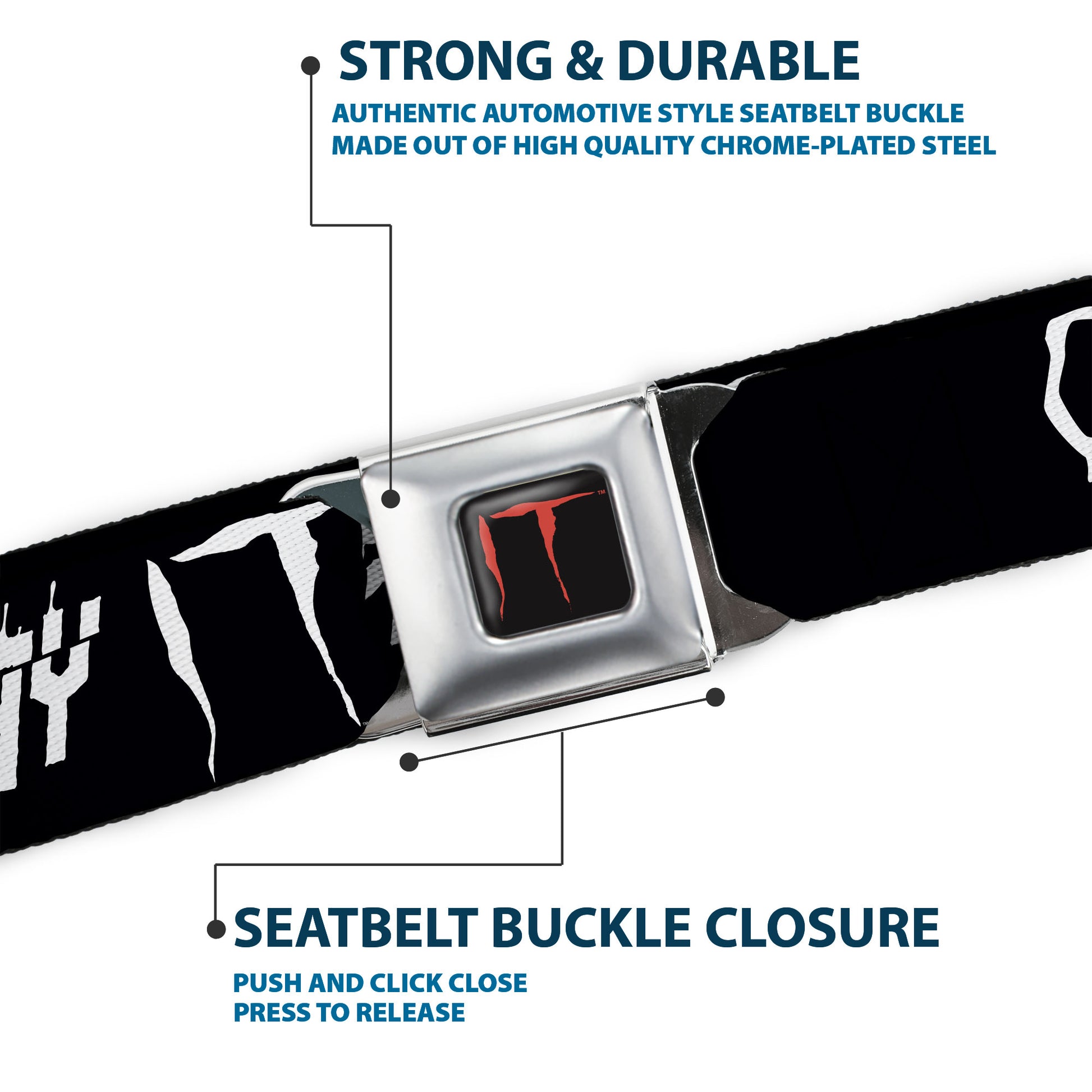 IT Title Logo Full Color Black/Red Seatbelt Belt - IT Pennywise Face Close-Up COME HOME-COME BACK AND PLAY Black/White Webbing Seatbelt Belts IT