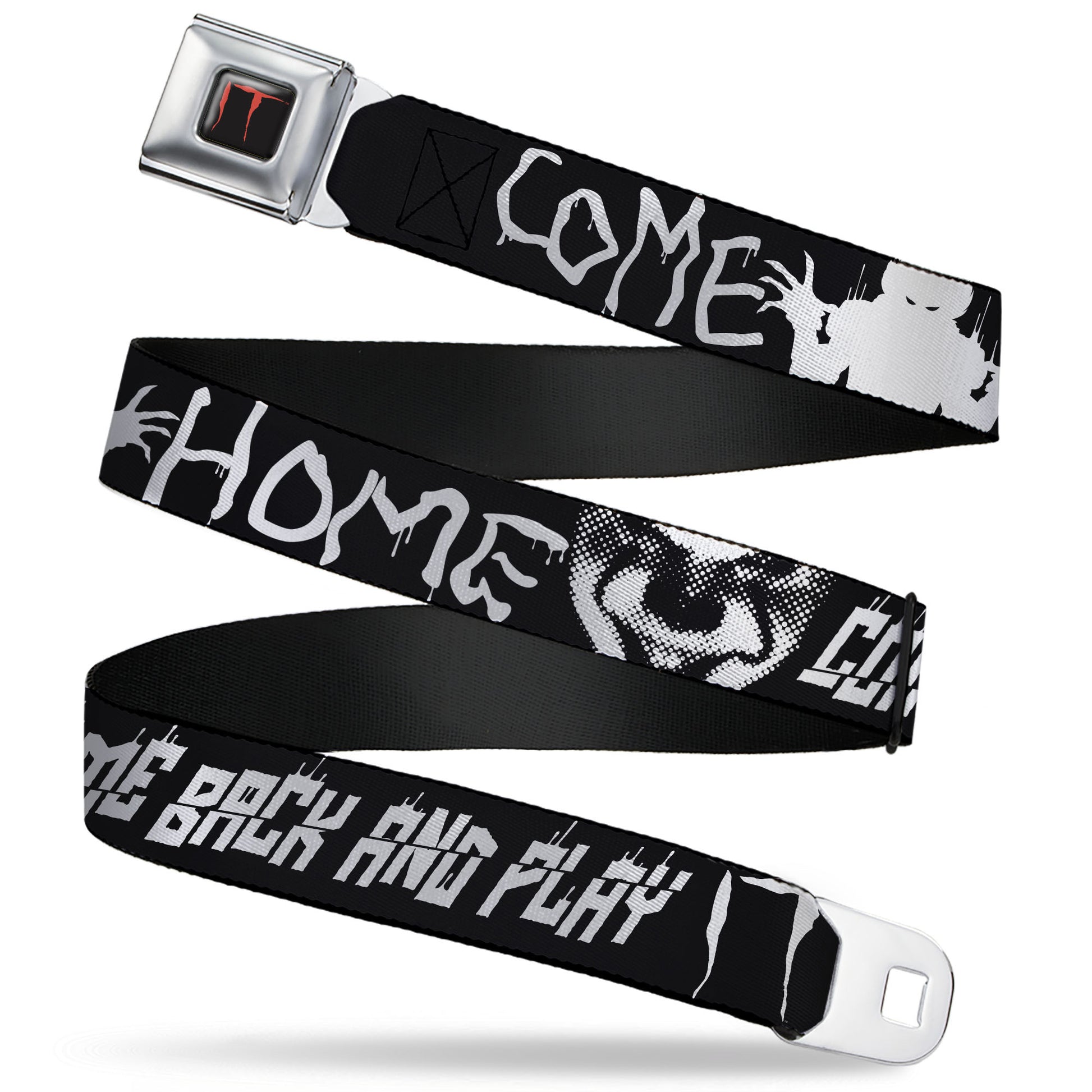 IT Title Logo Full Color Black/Red Seatbelt Belt - IT Pennywise Face Close-Up COME HOME-COME BACK AND PLAY Black/White Webbing Seatbelt Belts IT