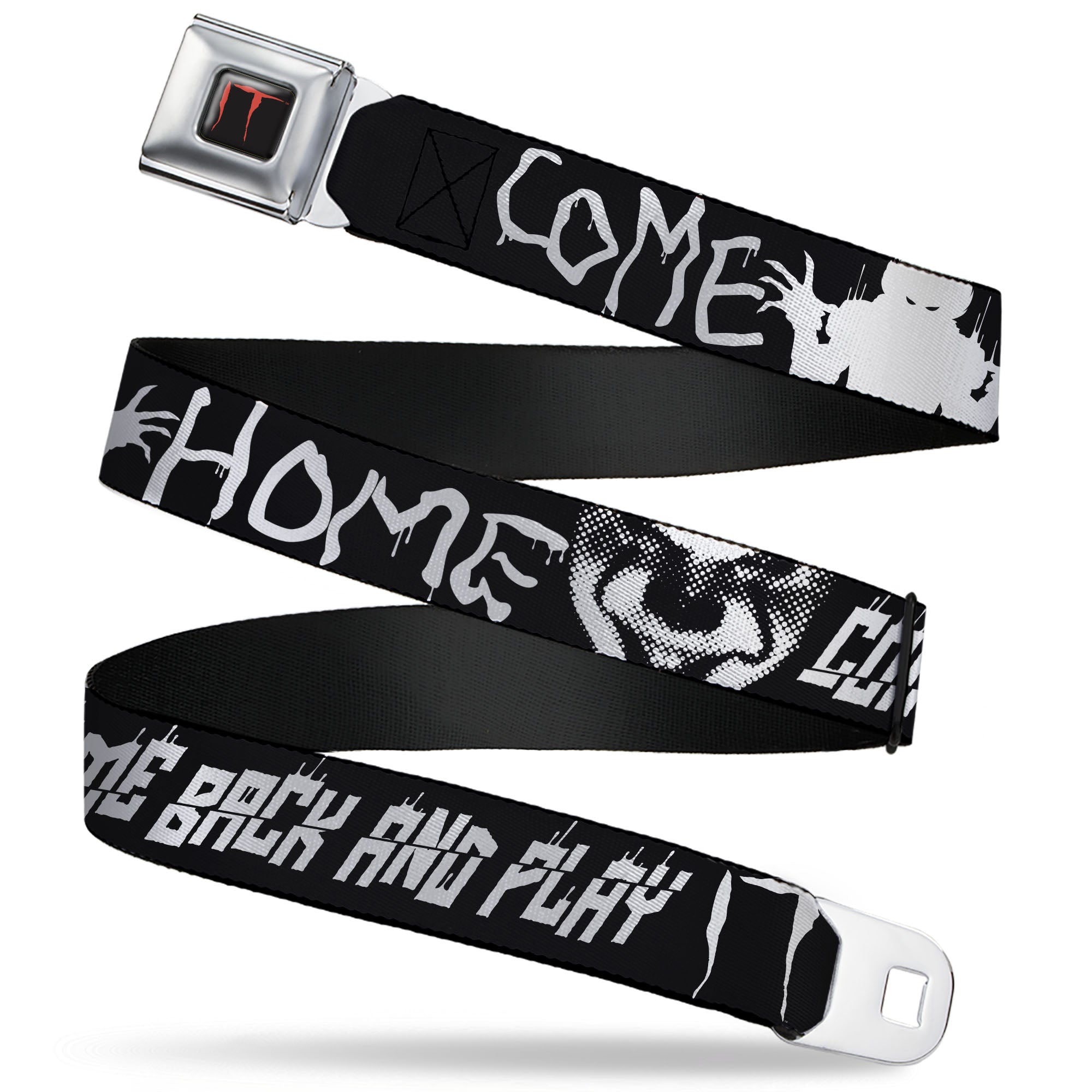 IT Title Logo Full Color Black/Red Seatbelt Belt - IT Pennywise Face Close-Up COME HOME-COME BACK AND PLAY Black/White Webbing Seatbelt Belts IT