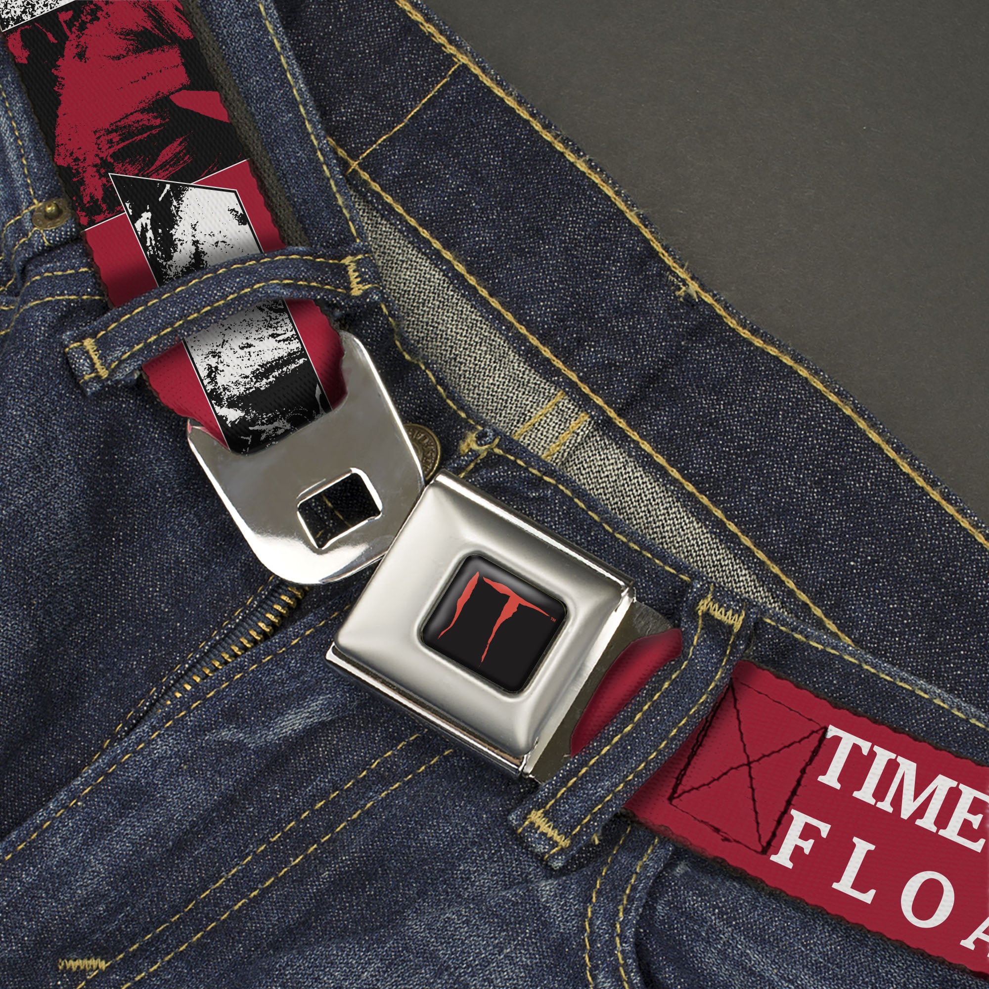 IT Title Logo Full Color Black/Red Seatbelt Belt - IT Pennywise Poses and Quotes Collage Red/White/Grays Webbing Seatbelt Belts IT