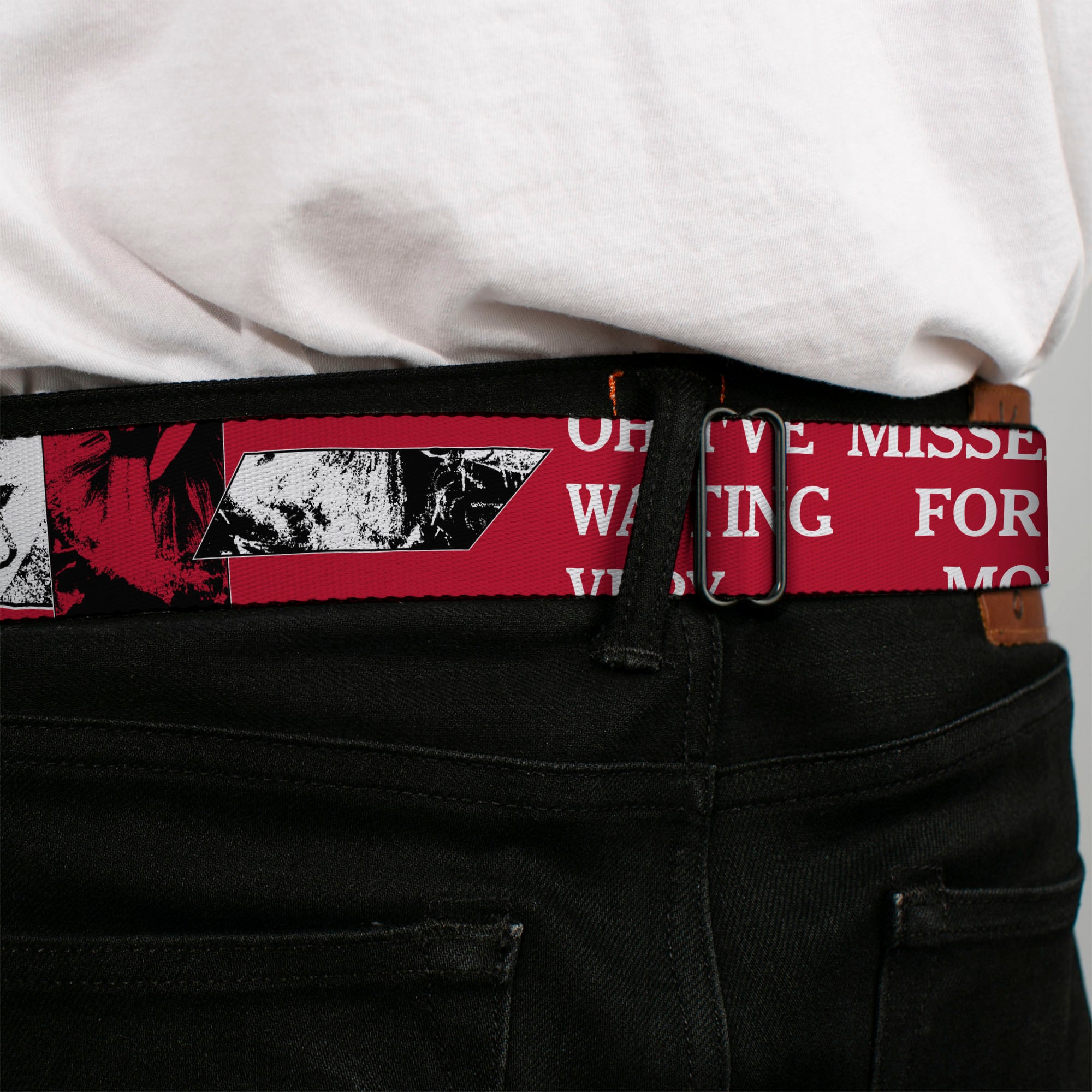 IT Title Logo Full Color Black/Red Seatbelt Belt - IT Pennywise Poses and Quotes Collage Red/White/Grays Webbing Seatbelt Belts IT