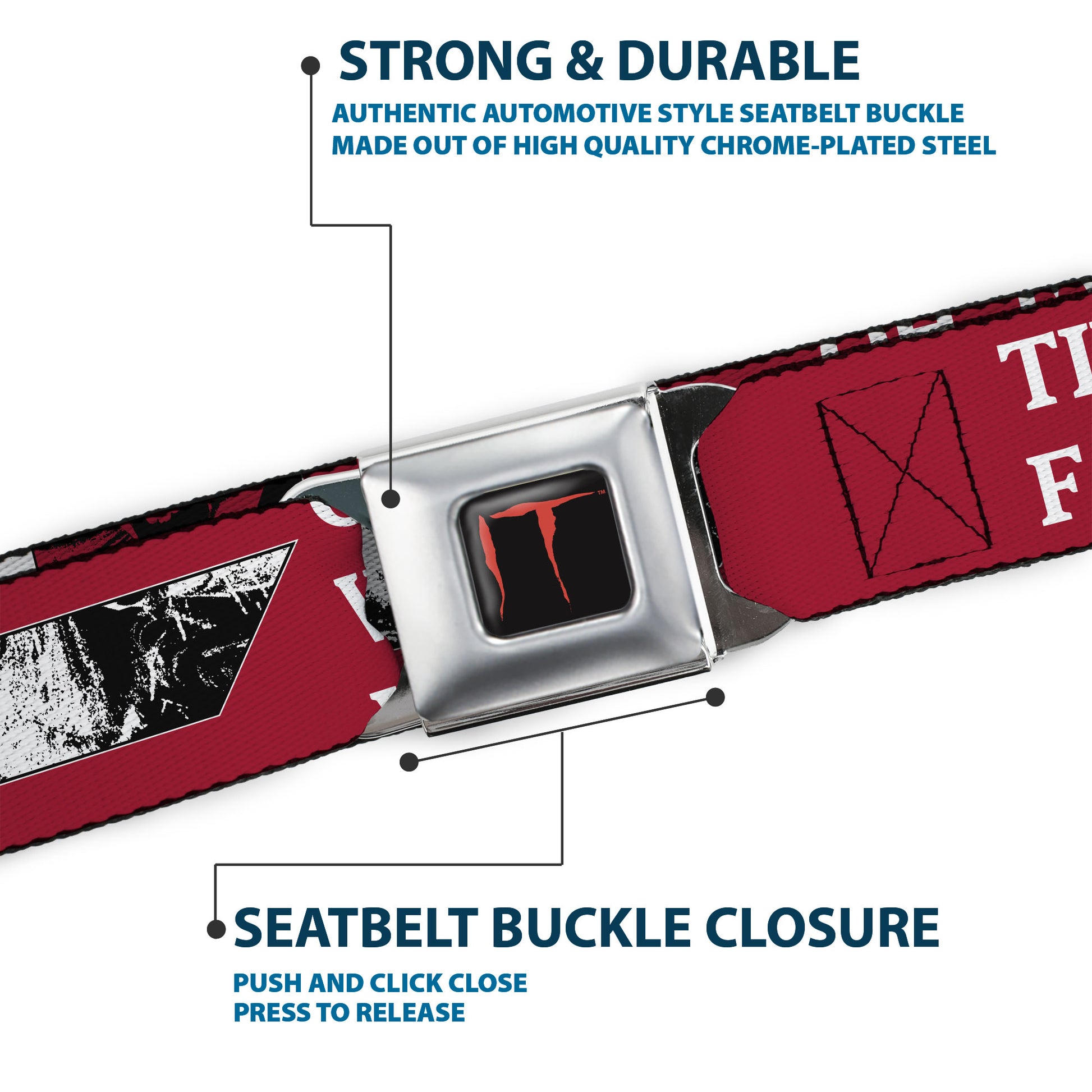 IT Title Logo Full Color Black/Red Seatbelt Belt - IT Pennywise Poses and Quotes Collage Red/White/Grays Webbing Seatbelt Belts IT