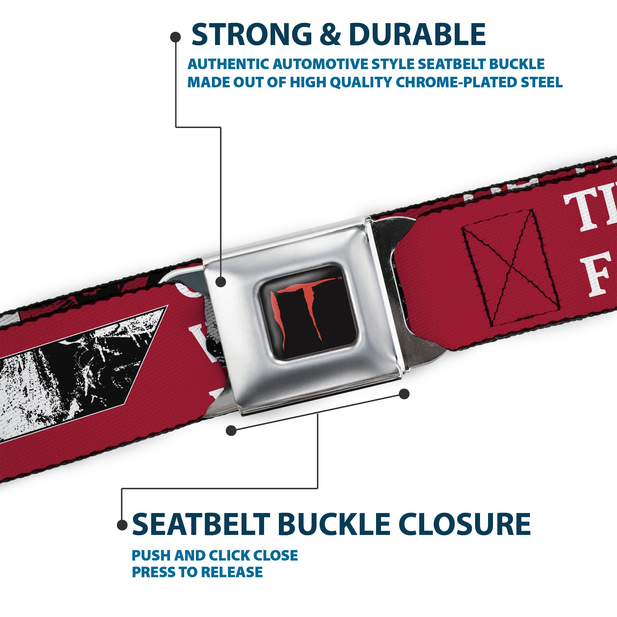 IT Title Logo Full Color Black/Red Seatbelt Belt - IT Pennywise Poses and Quotes Collage Red/White/Grays Webbing Seatbelt Belts IT