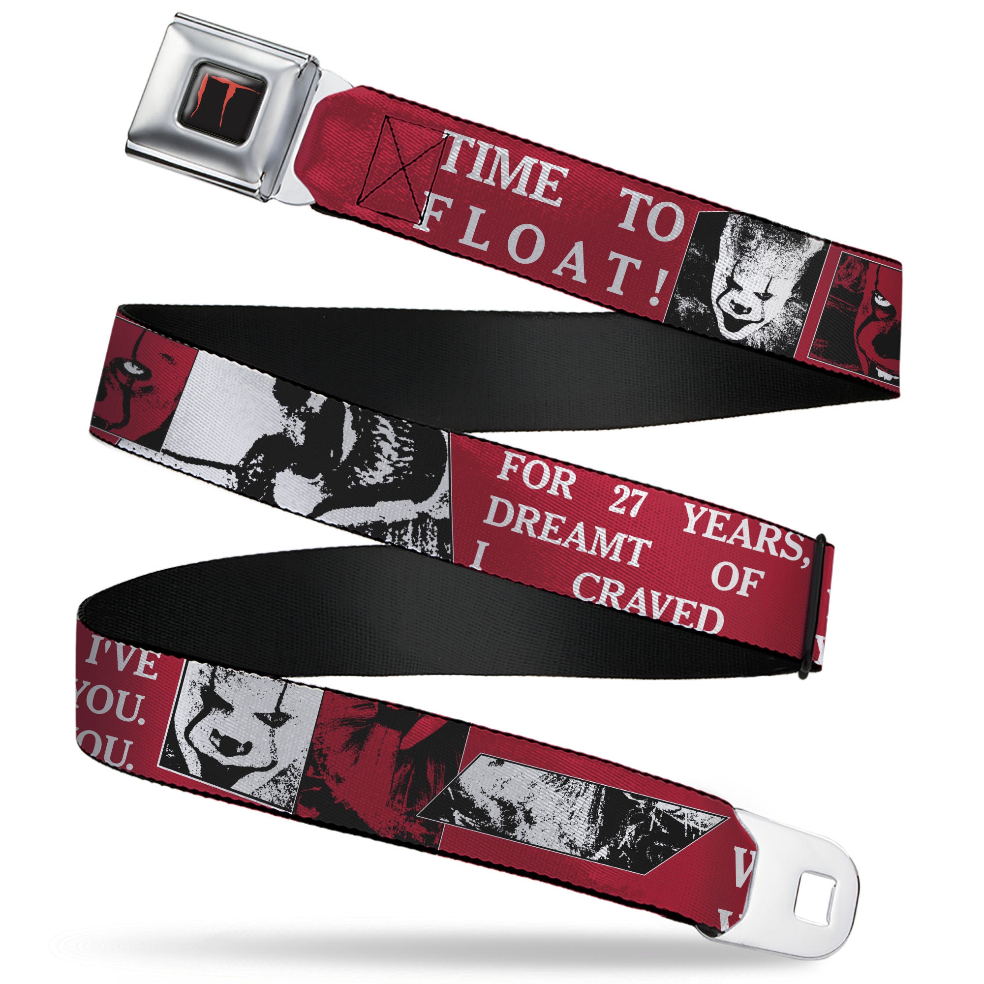 IT Title Logo Full Color Black/Red Seatbelt Belt - IT Pennywise Poses and Quotes Collage Red/White/Grays Webbing Seatbelt Belts IT