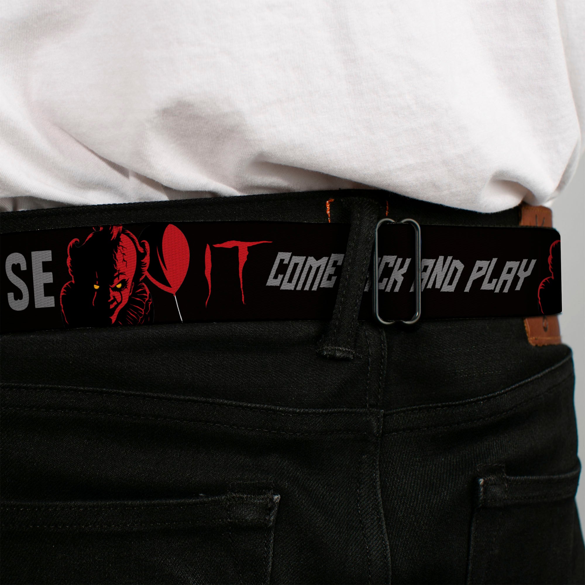 IT Title Logo Full Color Black/Red Seatbelt Belt - IT Pennywise Face COME BACK AND PLAY Black/Red/Gray Webbing Seatbelt Belts IT