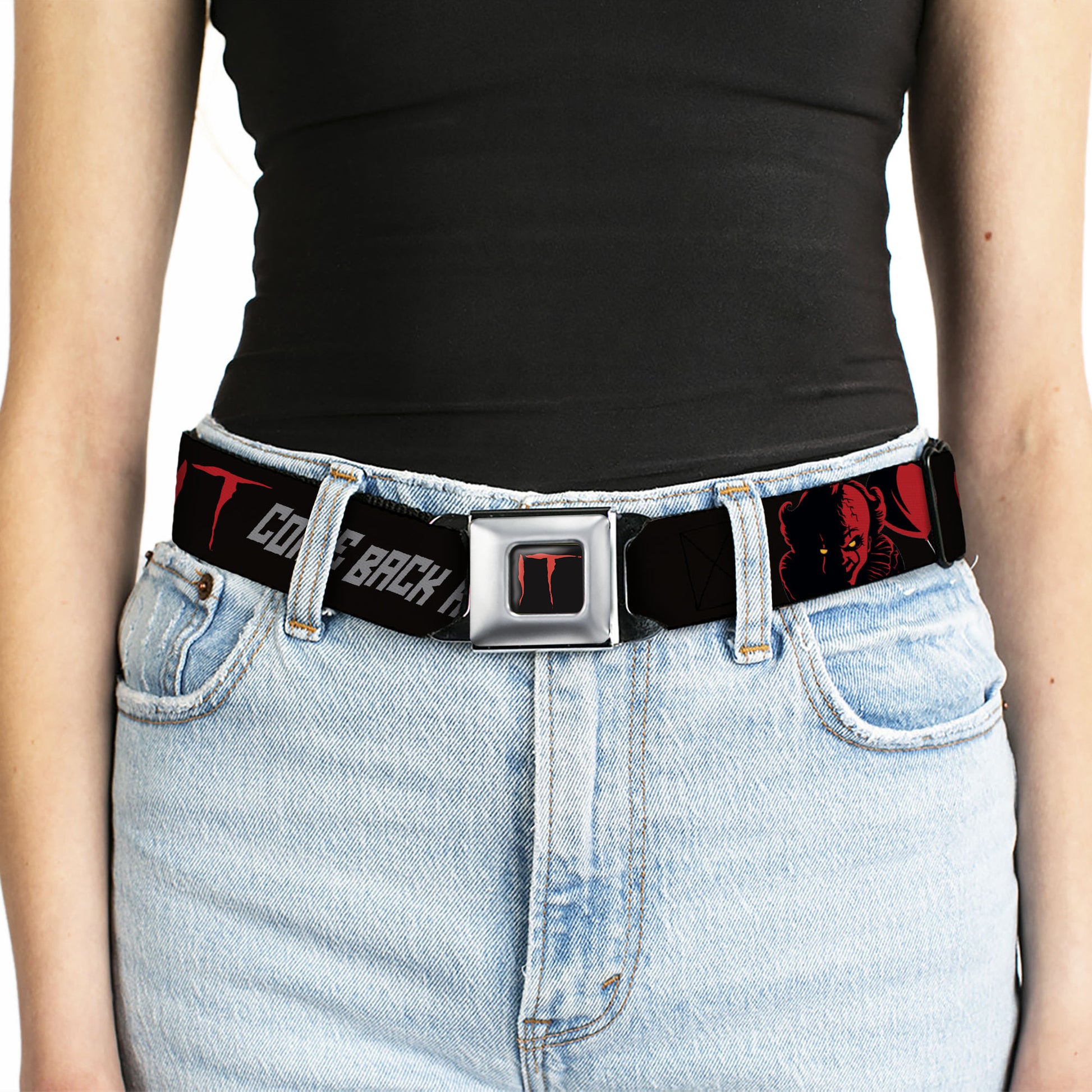 IT Title Logo Full Color Black/Red Seatbelt Belt - IT Pennywise Face COME BACK AND PLAY Black/Red/Gray Webbing Seatbelt Belts IT