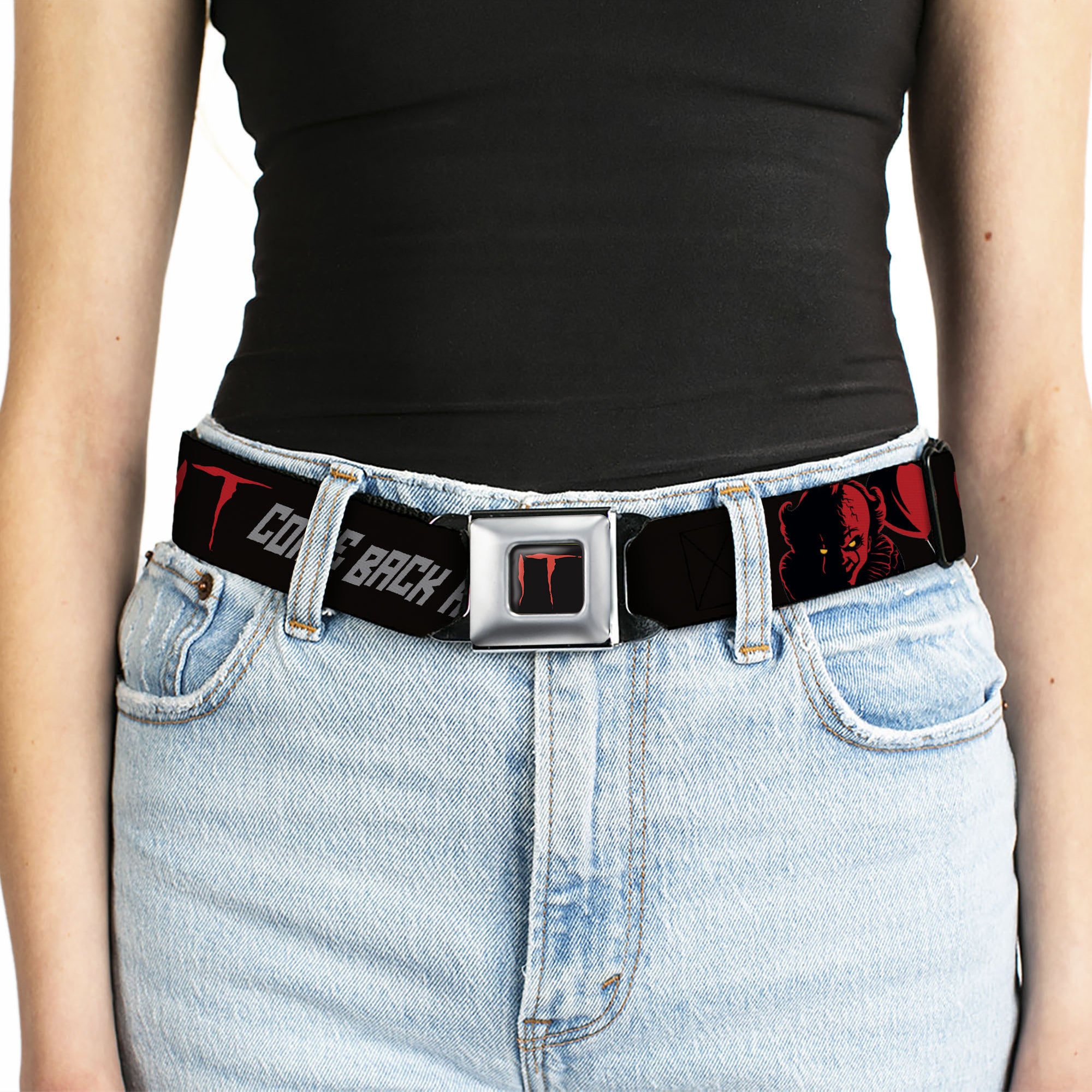 IT Title Logo Full Color Black/Red Seatbelt Belt - IT Pennywise Face COME BACK AND PLAY Black/Red/Gray Webbing Seatbelt Belts IT