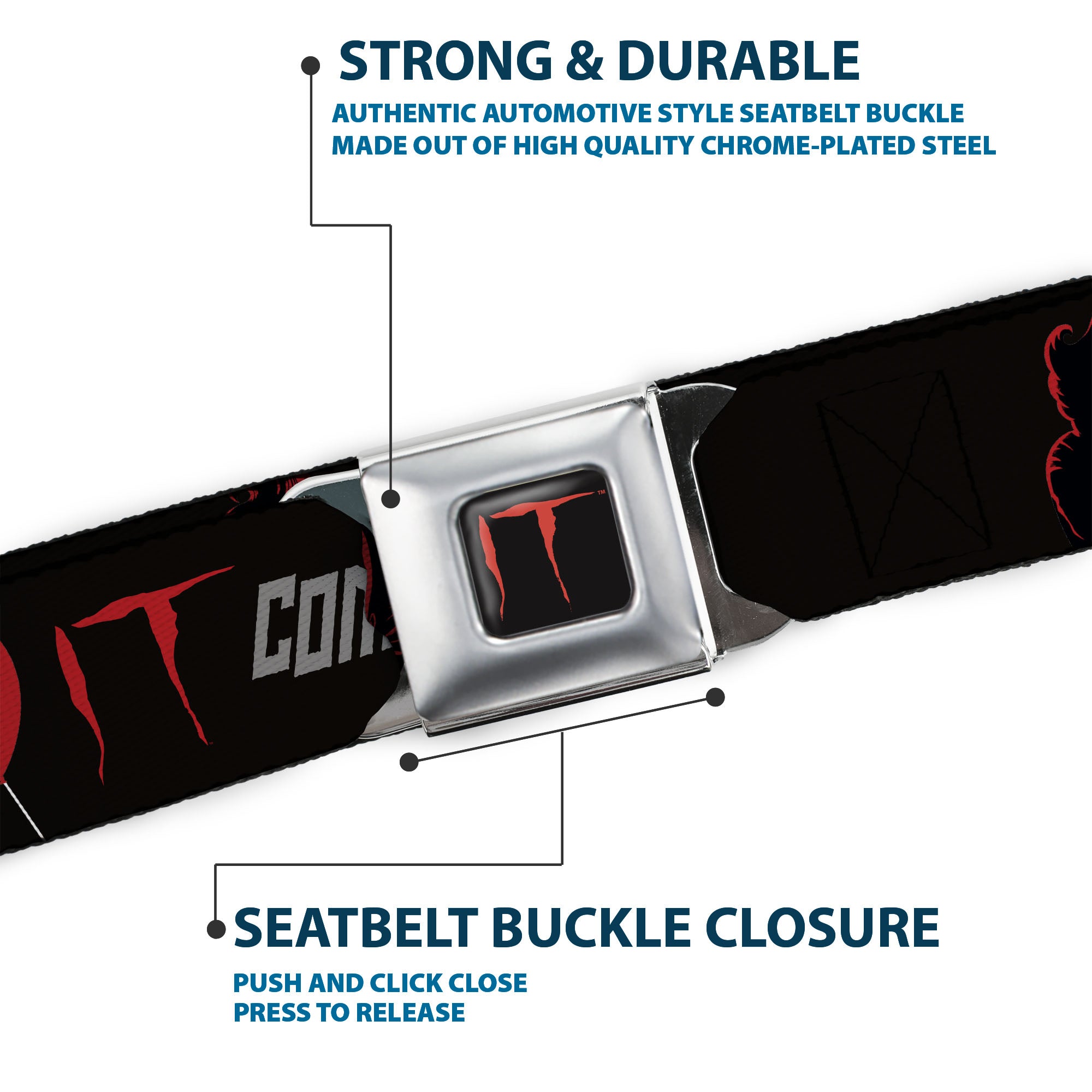 IT Title Logo Full Color Black/Red Seatbelt Belt - IT Pennywise Face COME BACK AND PLAY Black/Red/Gray Webbing Seatbelt Belts IT