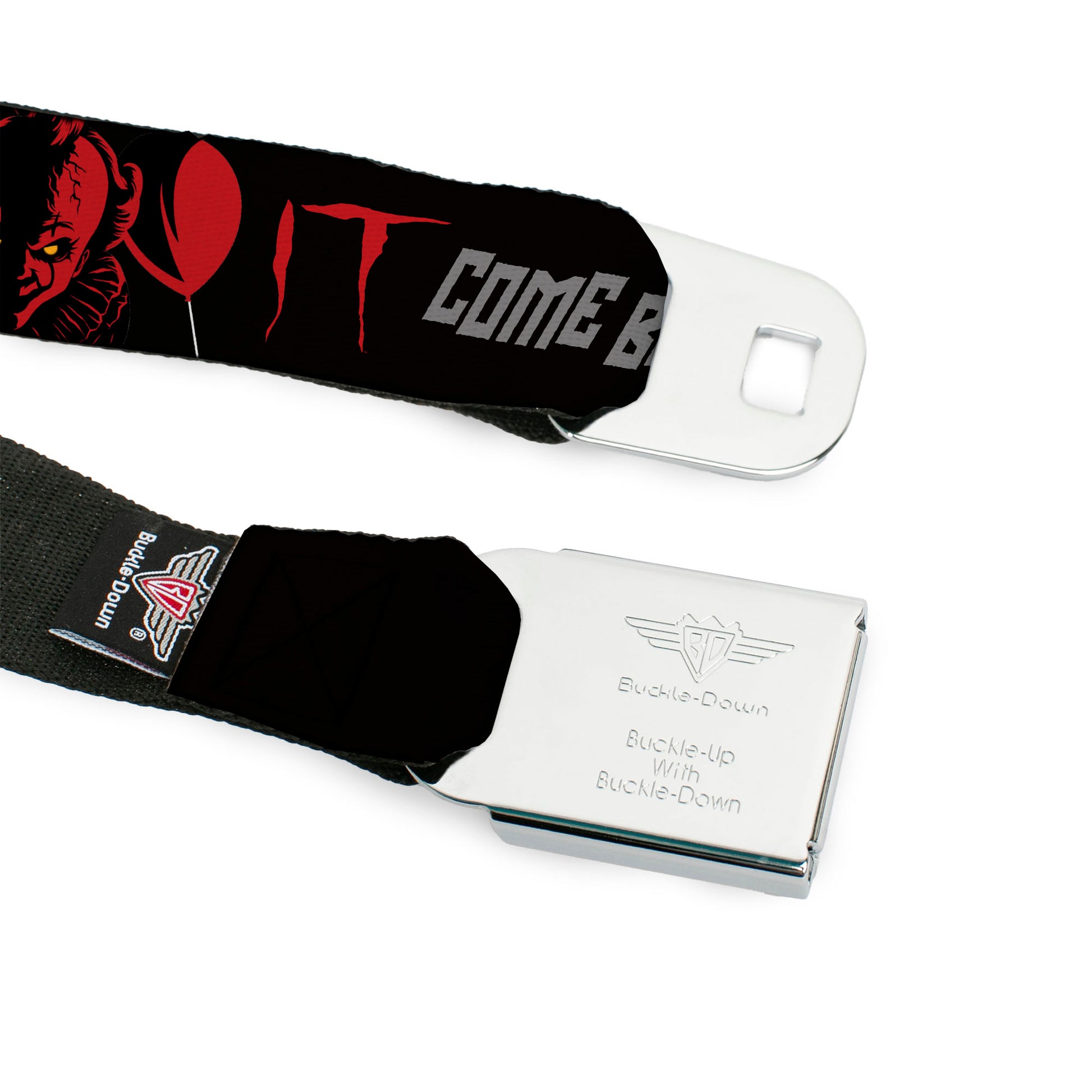 IT Title Logo Full Color Black/Red Seatbelt Belt - IT Pennywise Face COME BACK AND PLAY Black/Red/Gray Webbing Seatbelt Belts IT
