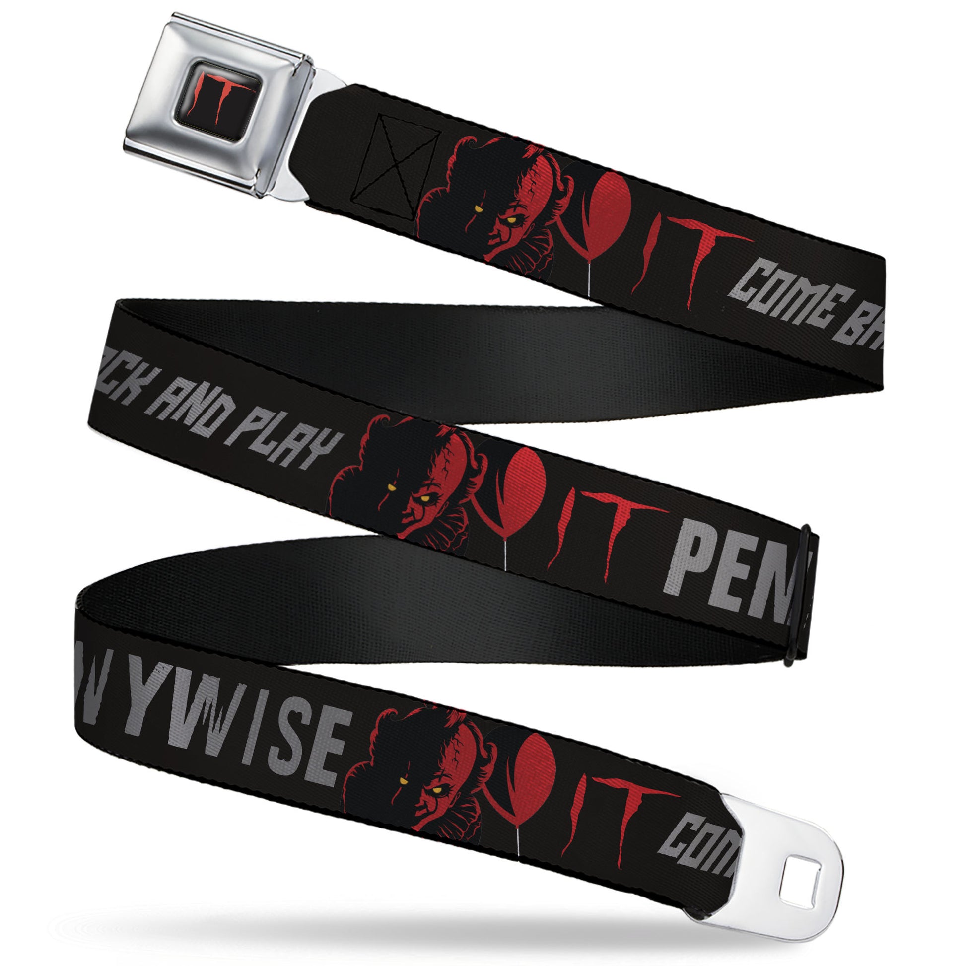 IT Title Logo Full Color Black/Red Seatbelt Belt - IT Pennywise Face COME BACK AND PLAY Black/Red/Gray Webbing Seatbelt Belts IT