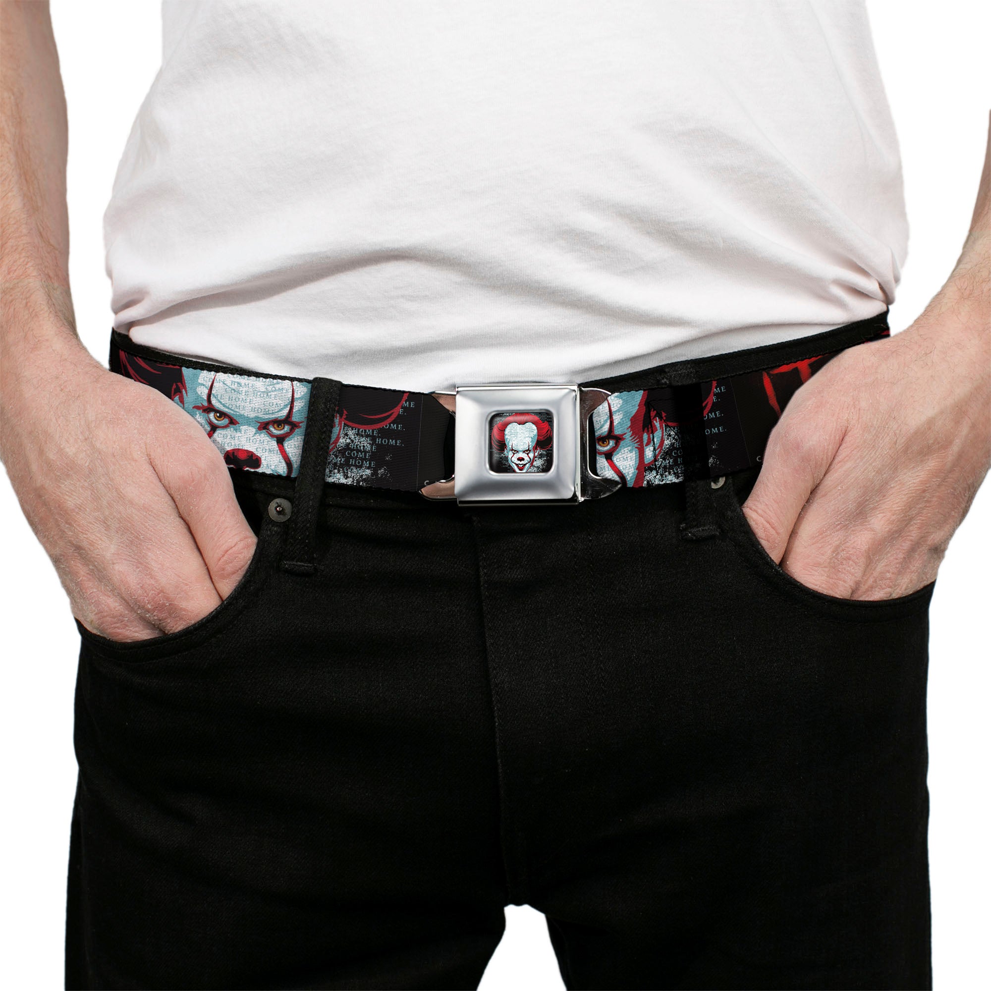 It Chapter Two Pennywise Face Full Color Black/Reds/Blues Seatbelt Belt - IT CHAPTER TWO Pennywise Face CLOSE-UP Black/Red/Blues Webbing Seatbelt Belts IT