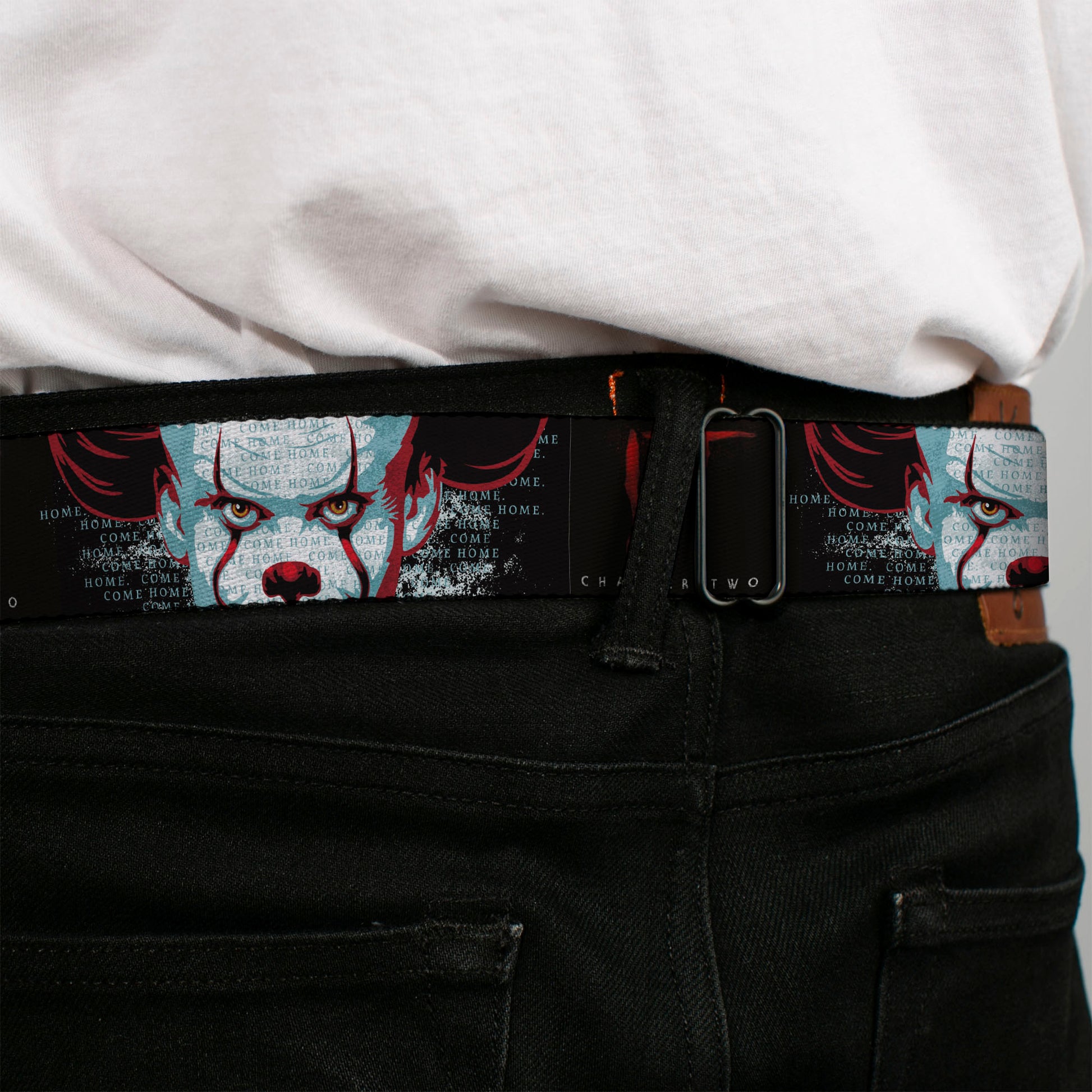 It Chapter Two Pennywise Face Full Color Black/Reds/Blues Seatbelt Belt - IT CHAPTER TWO Pennywise Face CLOSE-UP Black/Red/Blues Webbing Seatbelt Belts IT